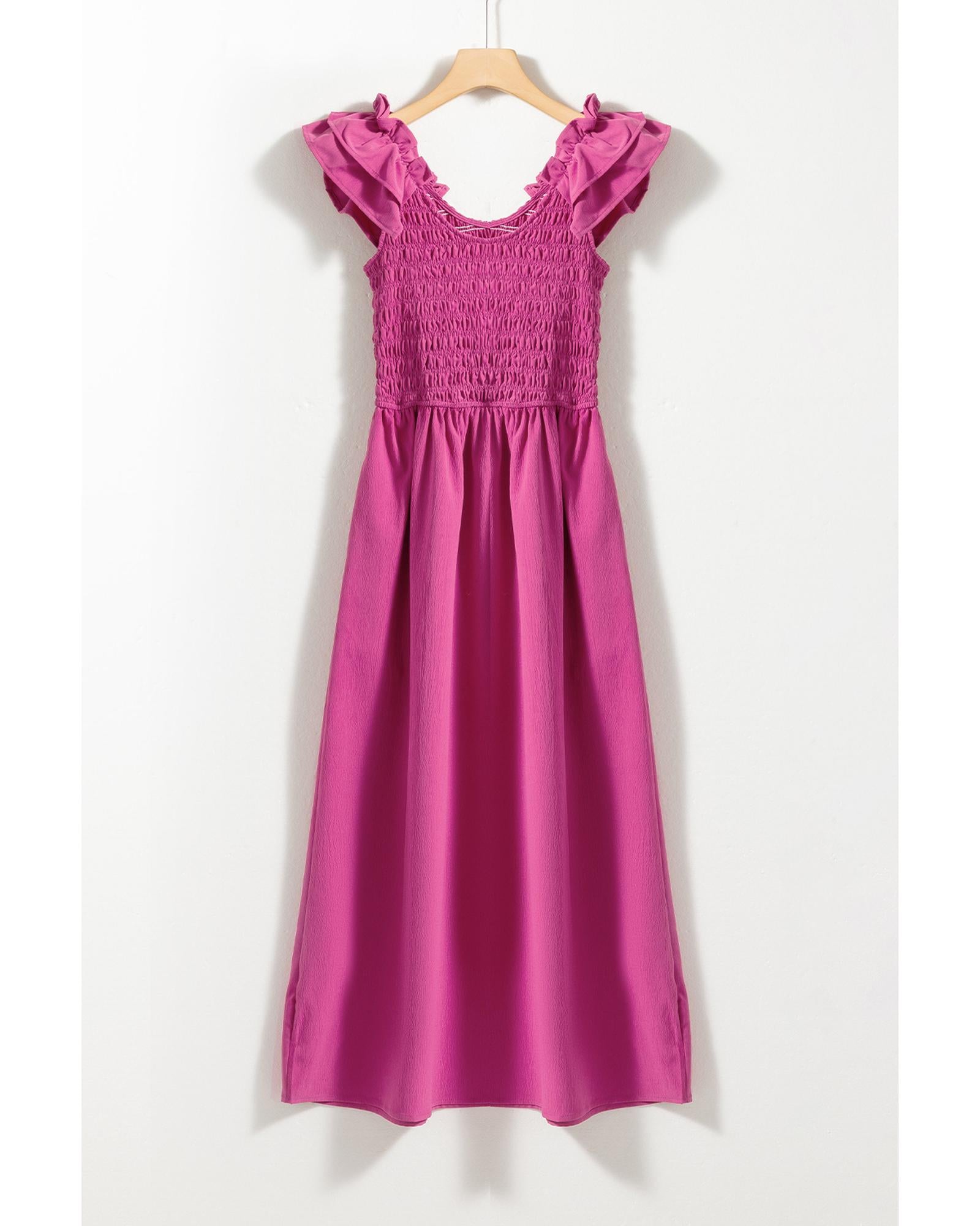 Rose Red Solid Color Ruffled Straps Smocked Ruched Maxi Dress - XL