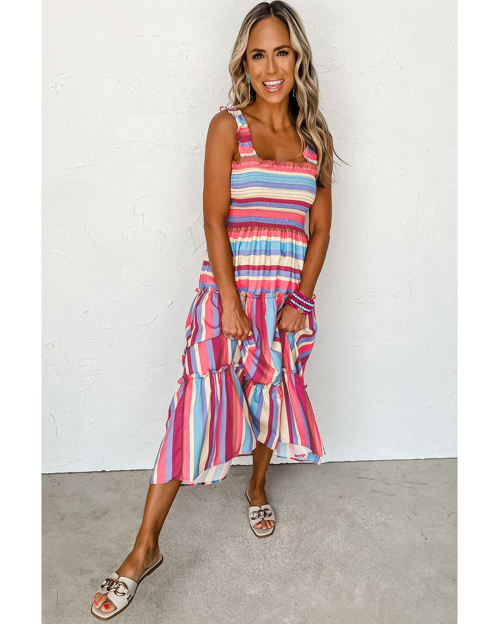 Red Stripe Ruffled Straps Smocked Tiered Long Dress - S