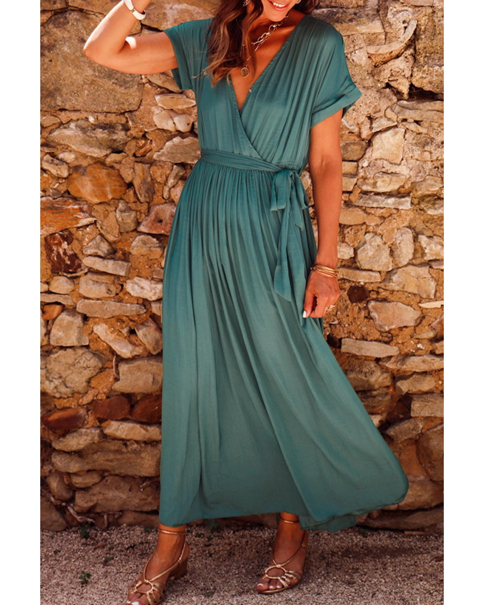 Blackish Green Solid Color V Neck Wrap Pleated Short Sleeve Maxi Dress - M