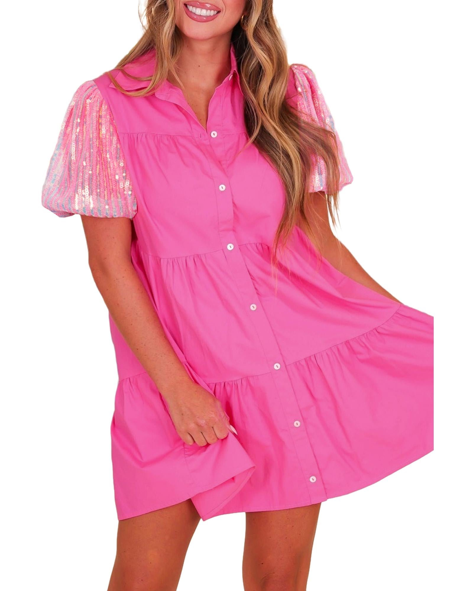 Bonbon Sequined Bubble Sleeve Tiered Ruffled Shirt Dress - S