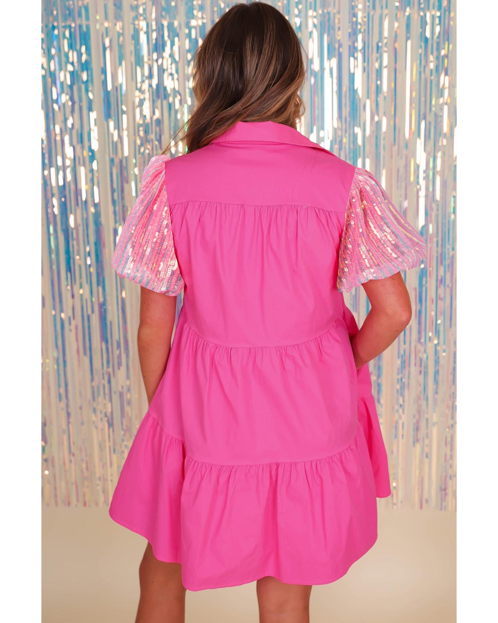 Bonbon Sequined Bubble Sleeve Tiered Ruffled Shirt Dress - S