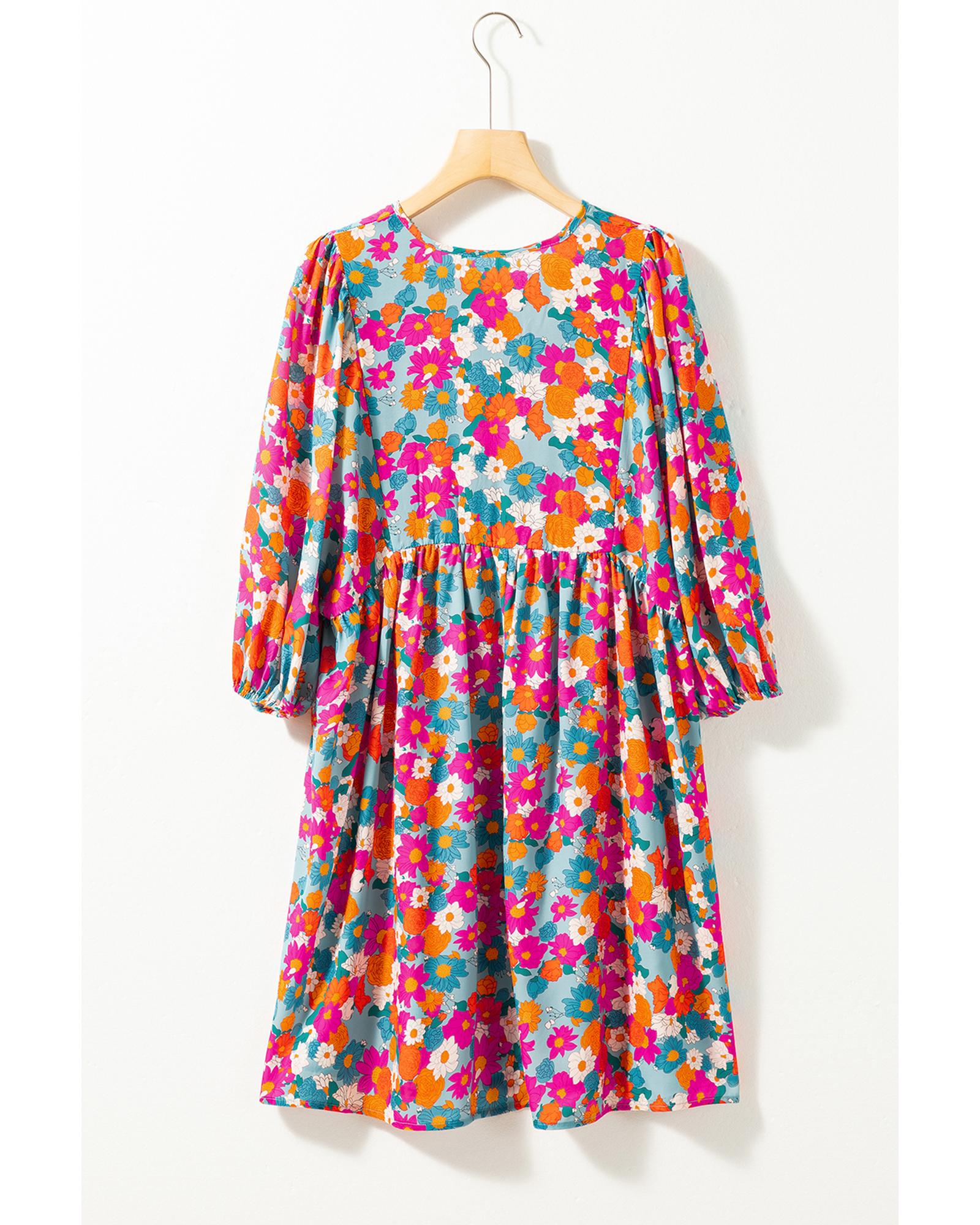 Sky Blue Floral Print Tie Split Neck Bubble Sleeve Babydoll Dress - M