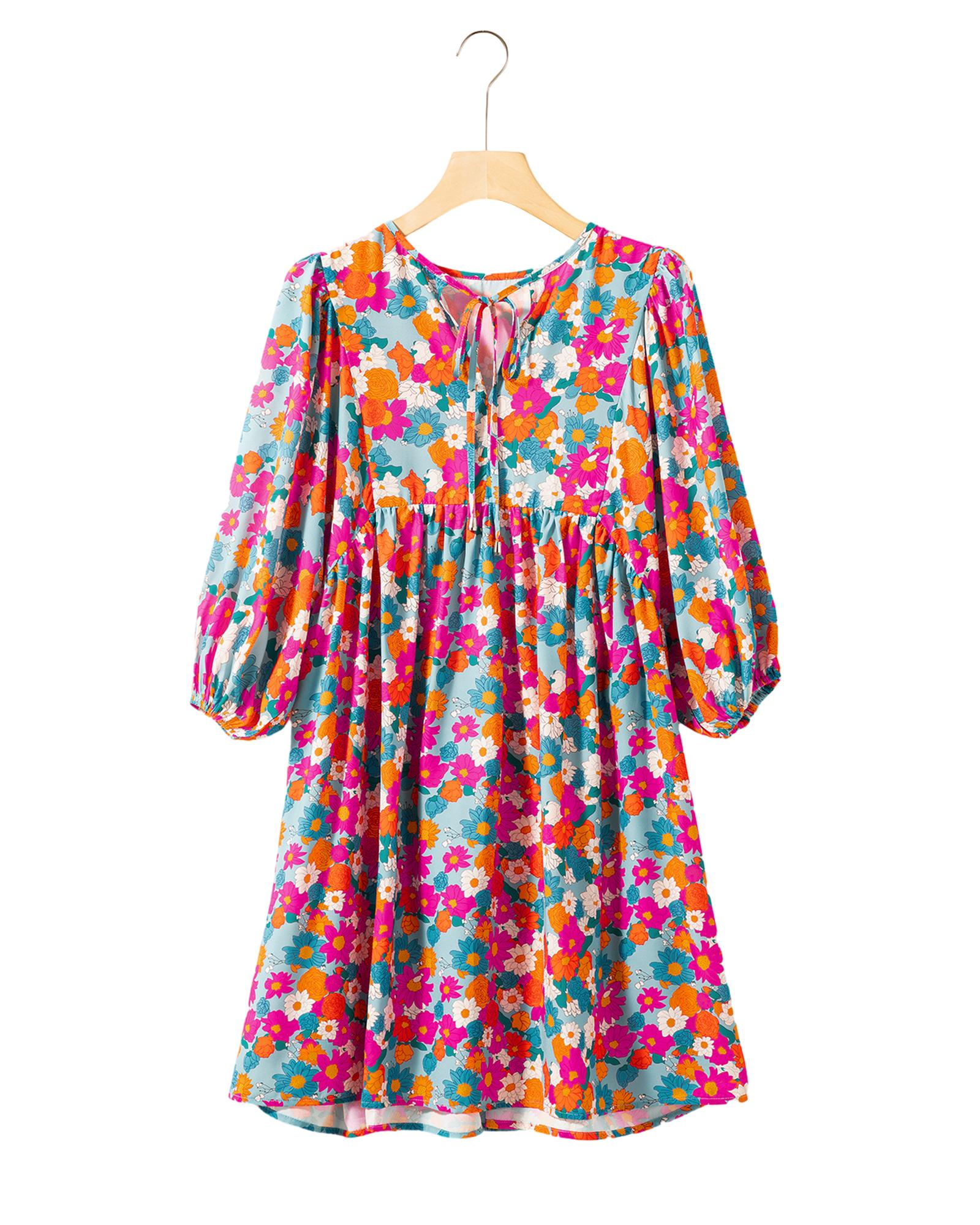 Sky Blue Floral Print Tie Split Neck Bubble Sleeve Babydoll Dress - M