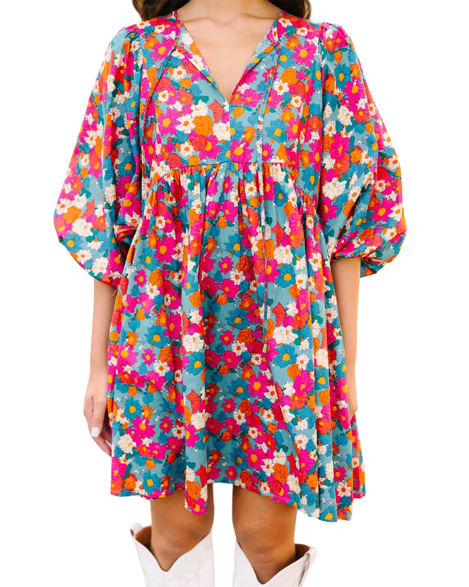 Sky Blue Floral Print Tie Split Neck Bubble Sleeve Babydoll Dress - M