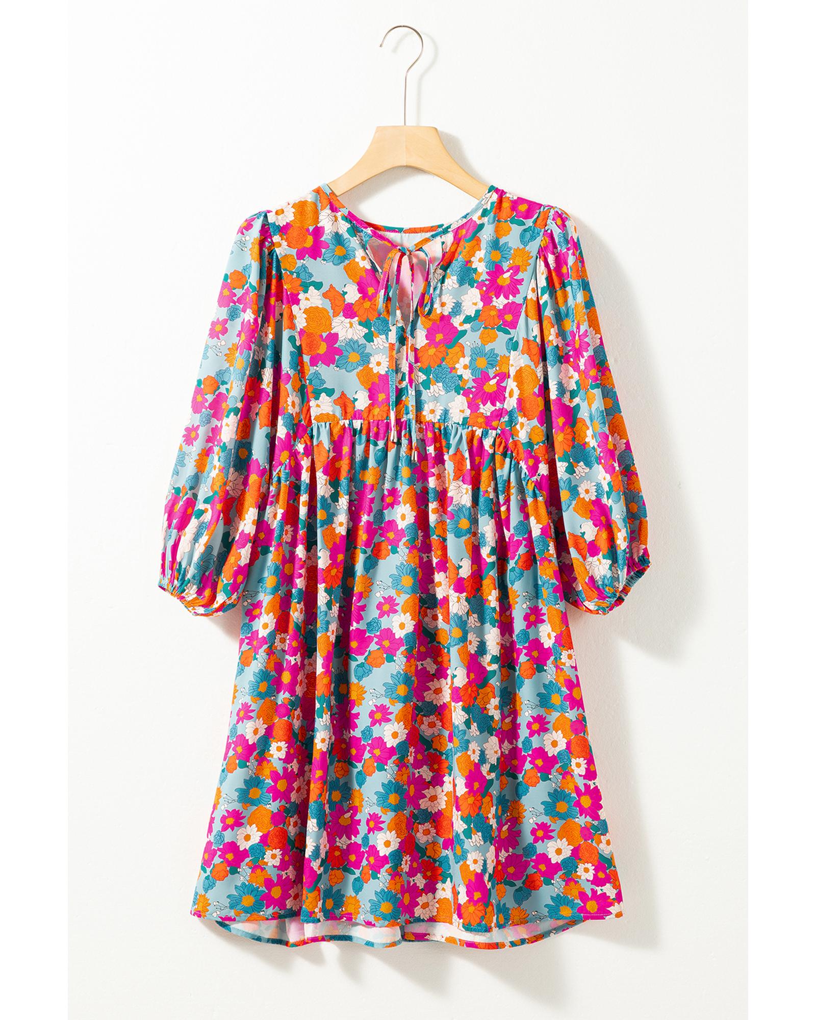 Sky Blue Floral Print Tie Split Neck Bubble Sleeve Babydoll Dress - M