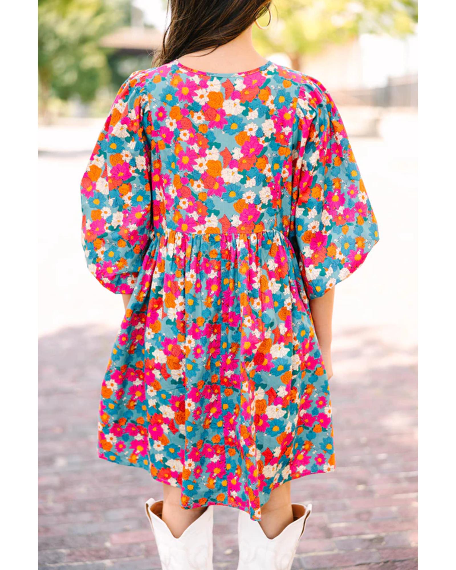 Sky Blue Floral Print Tie Split Neck Bubble Sleeve Babydoll Dress - M