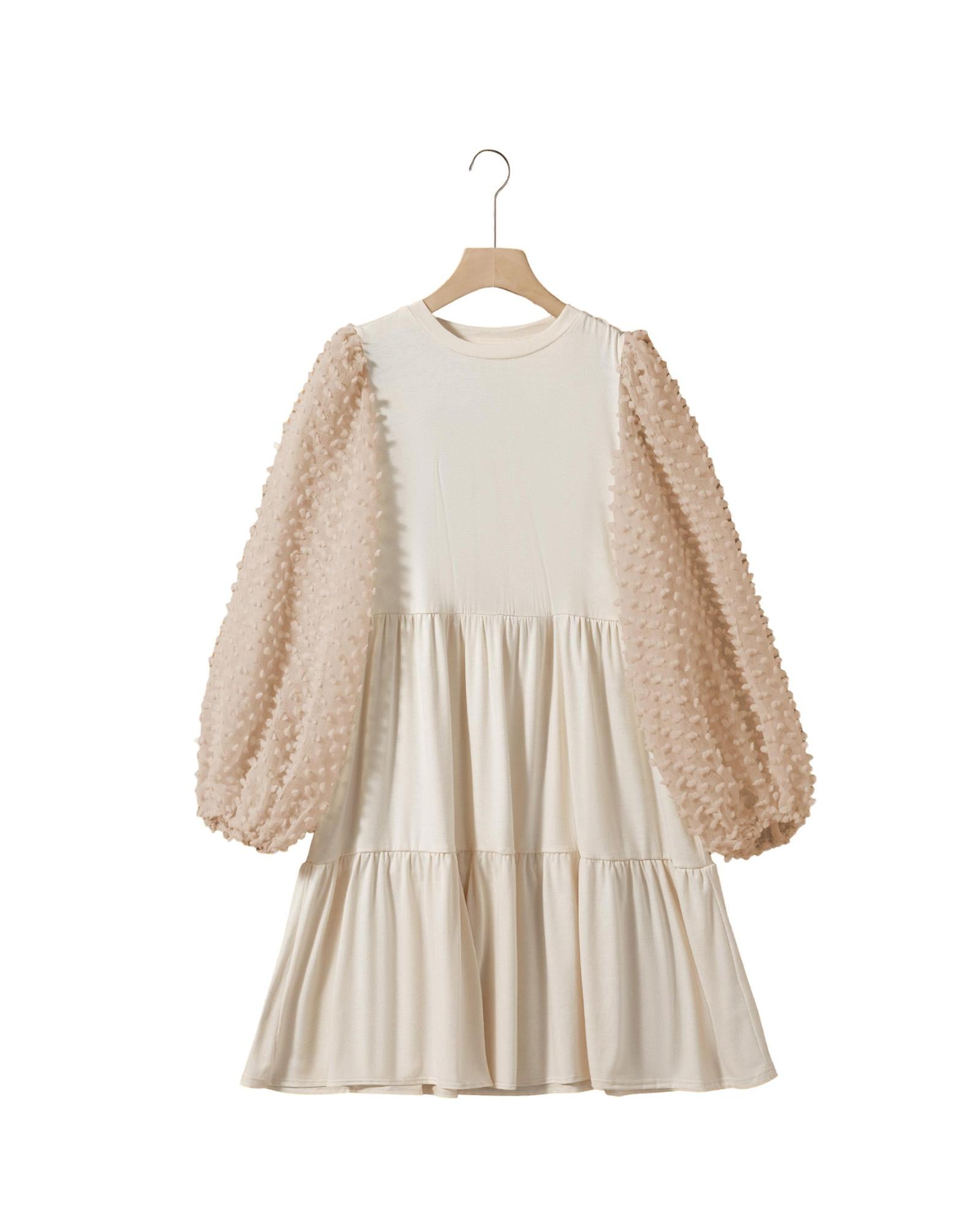 Beige Embellished Puff Sleeve Tiered A-line Dress - S