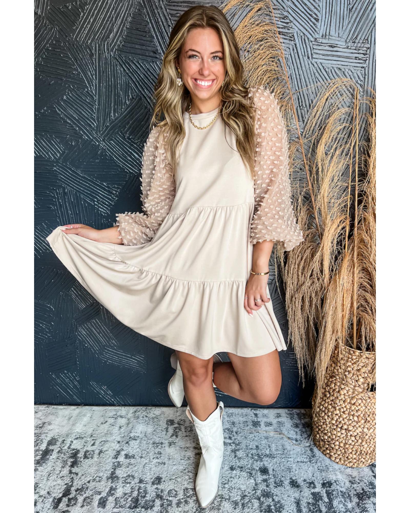 Beige Embellished Puff Sleeve Tiered A-line Dress - S