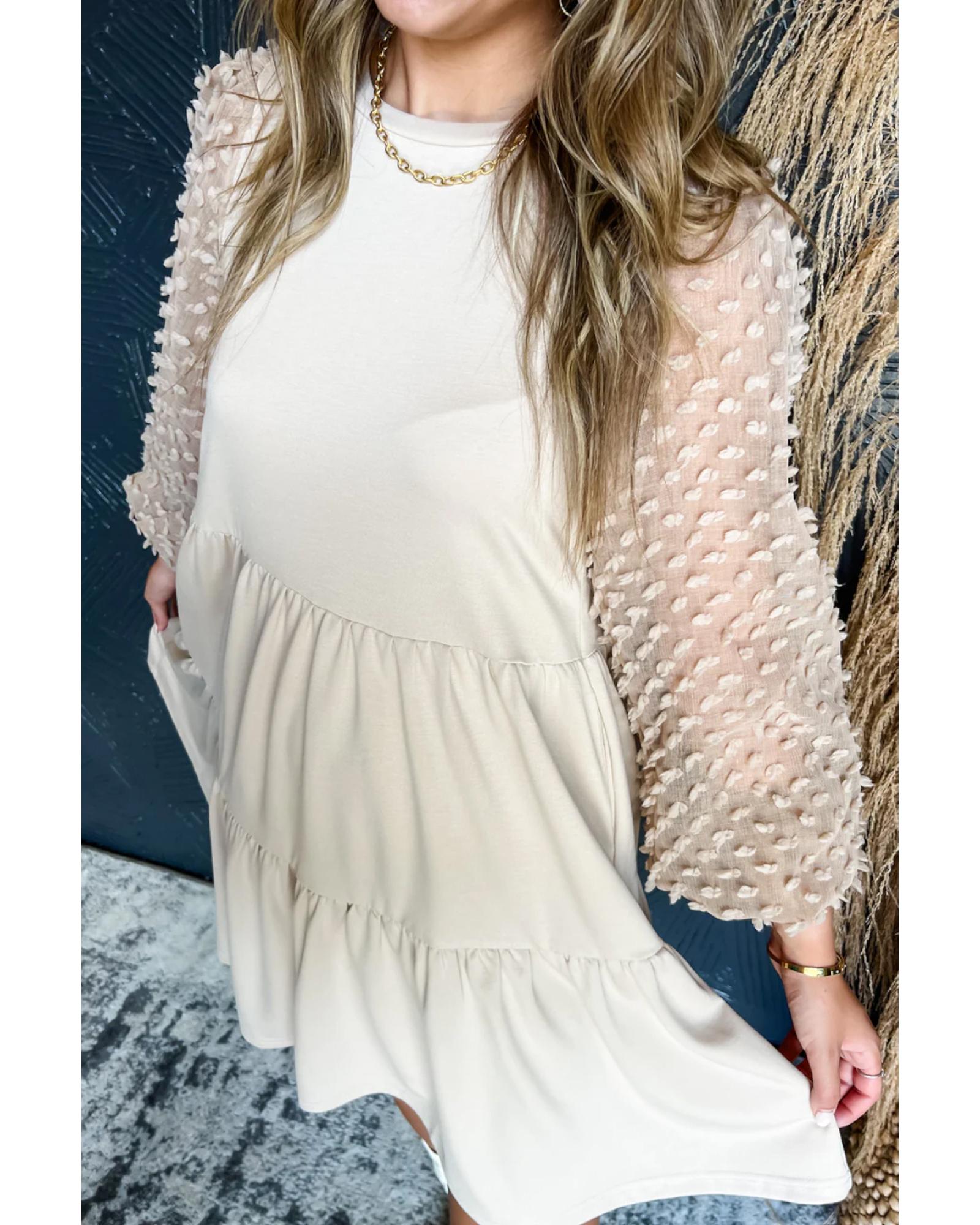 Beige Embellished Puff Sleeve Tiered A-line Dress - S