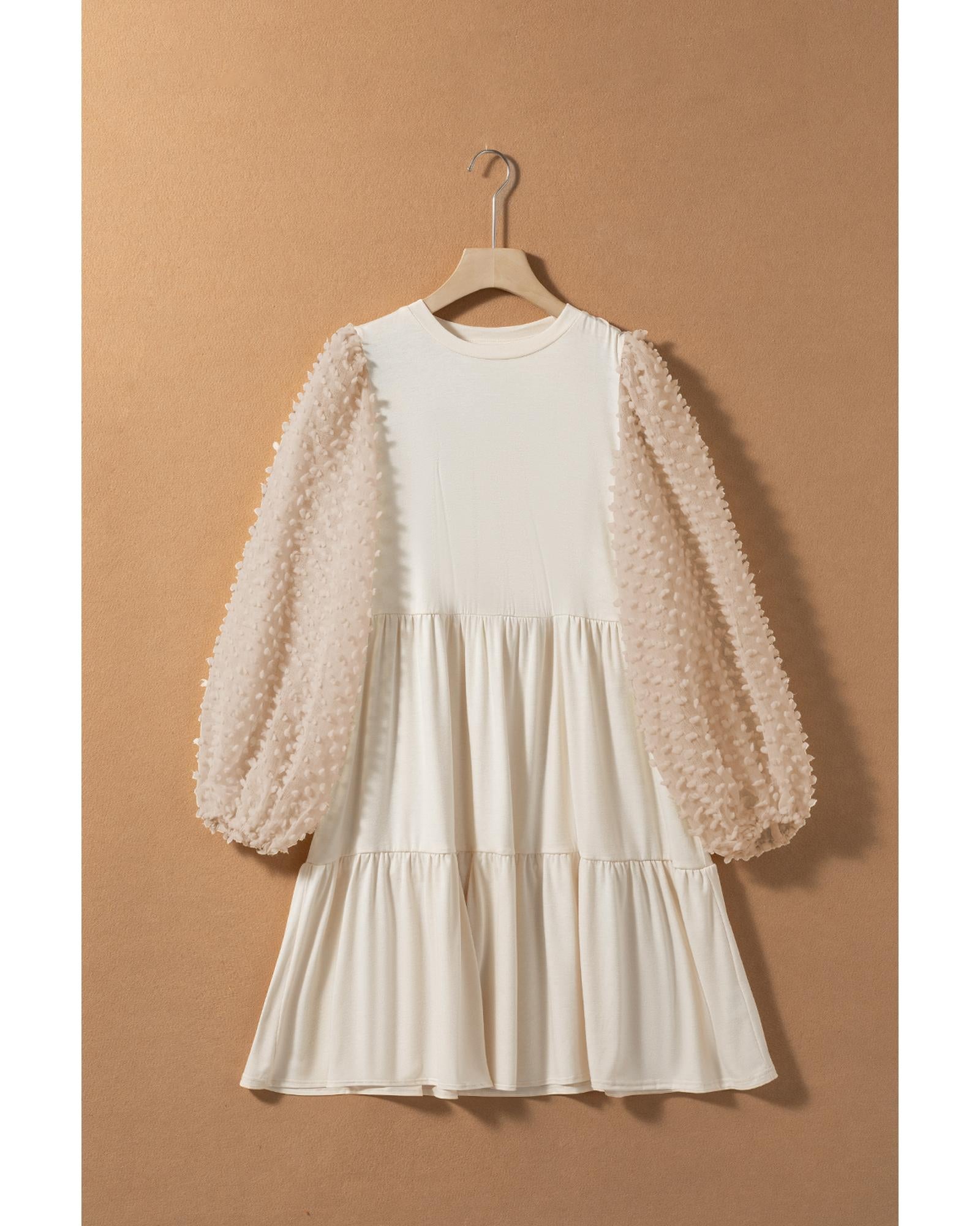 Beige Embellished Puff Sleeve Tiered A-line Dress - S