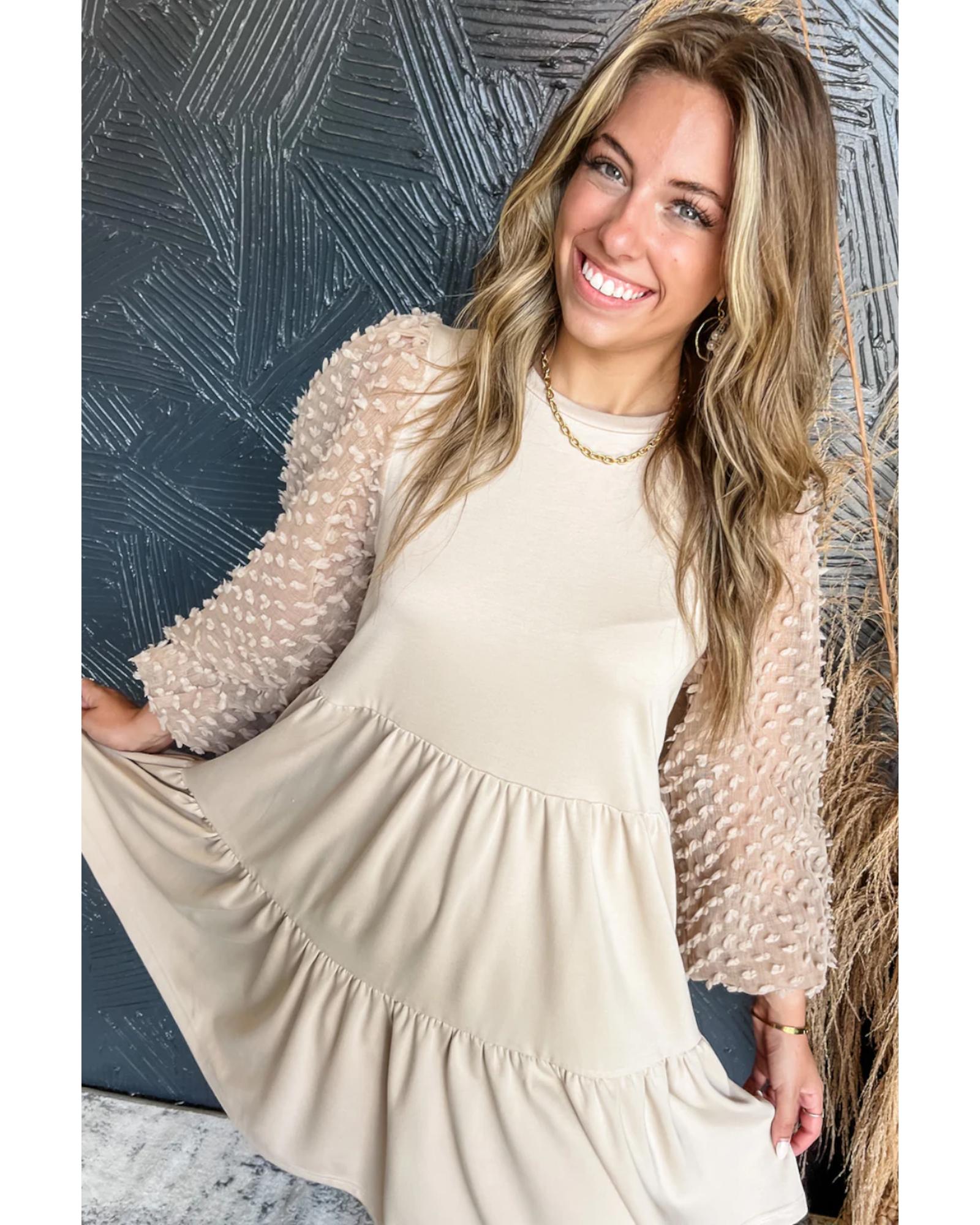 Beige Embellished Puff Sleeve Tiered A-line Dress - S