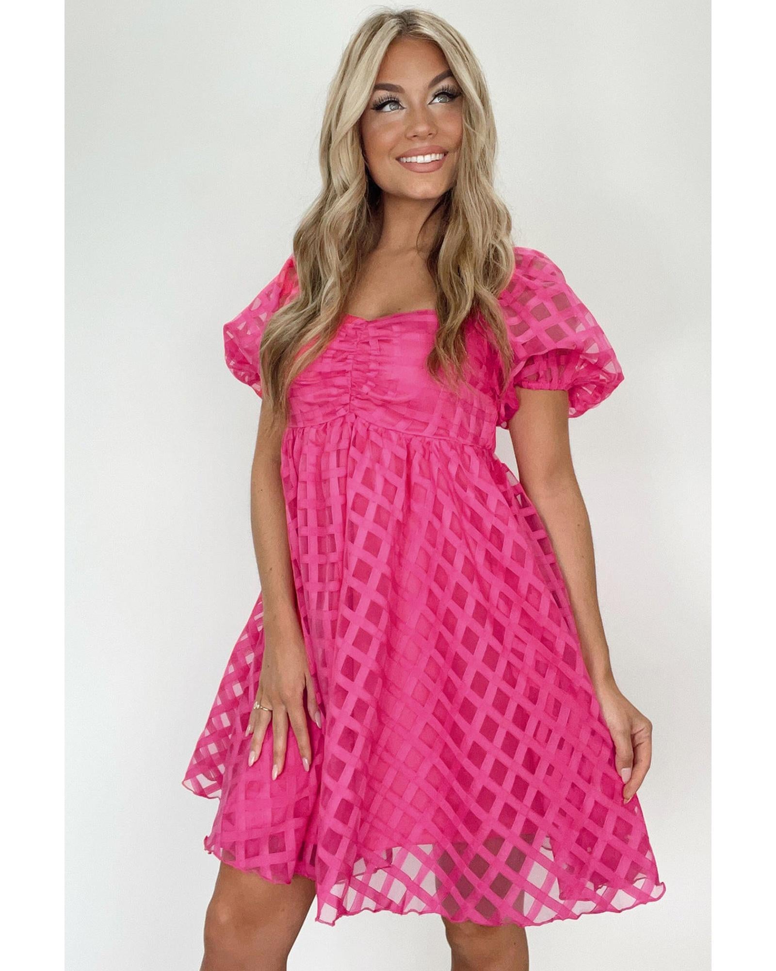 Strawberry Pink Checkered Puff Sleeve Babydoll Dress - L