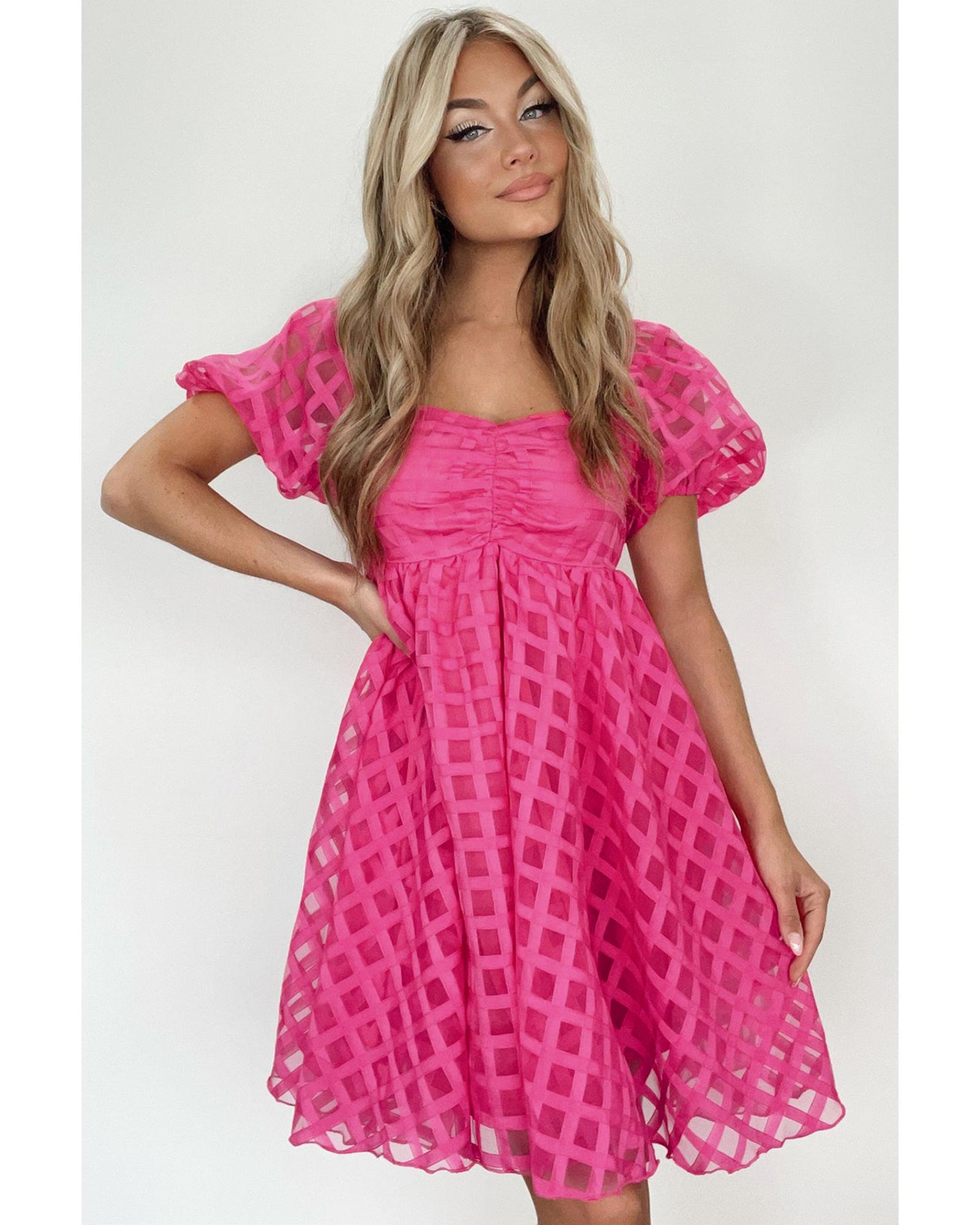 Strawberry Pink Checkered Puff Sleeve Babydoll Dress - L