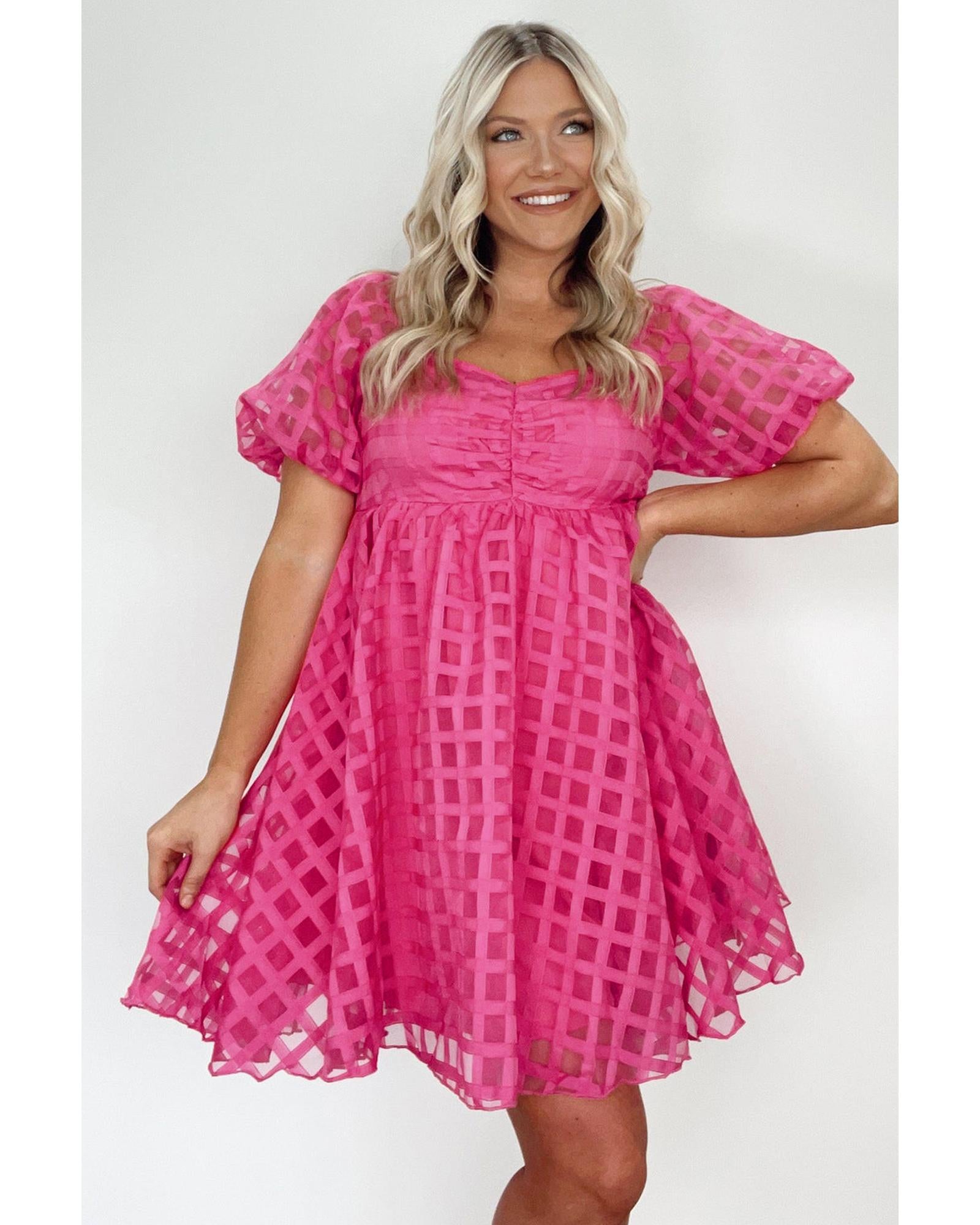 Strawberry Pink Checkered Puff Sleeve Babydoll Dress - L