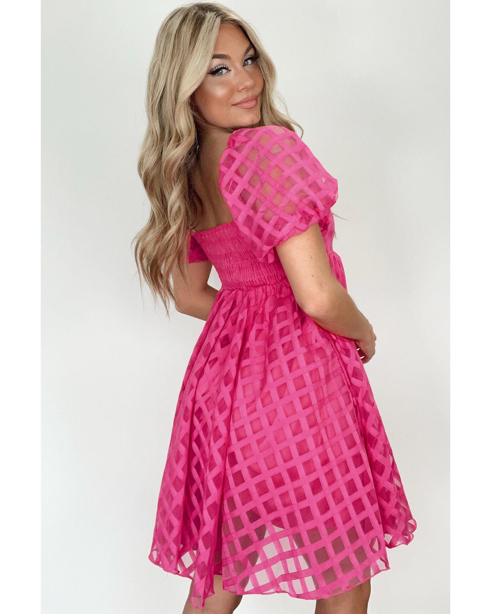 Strawberry Pink Checkered Puff Sleeve Babydoll Dress - XL