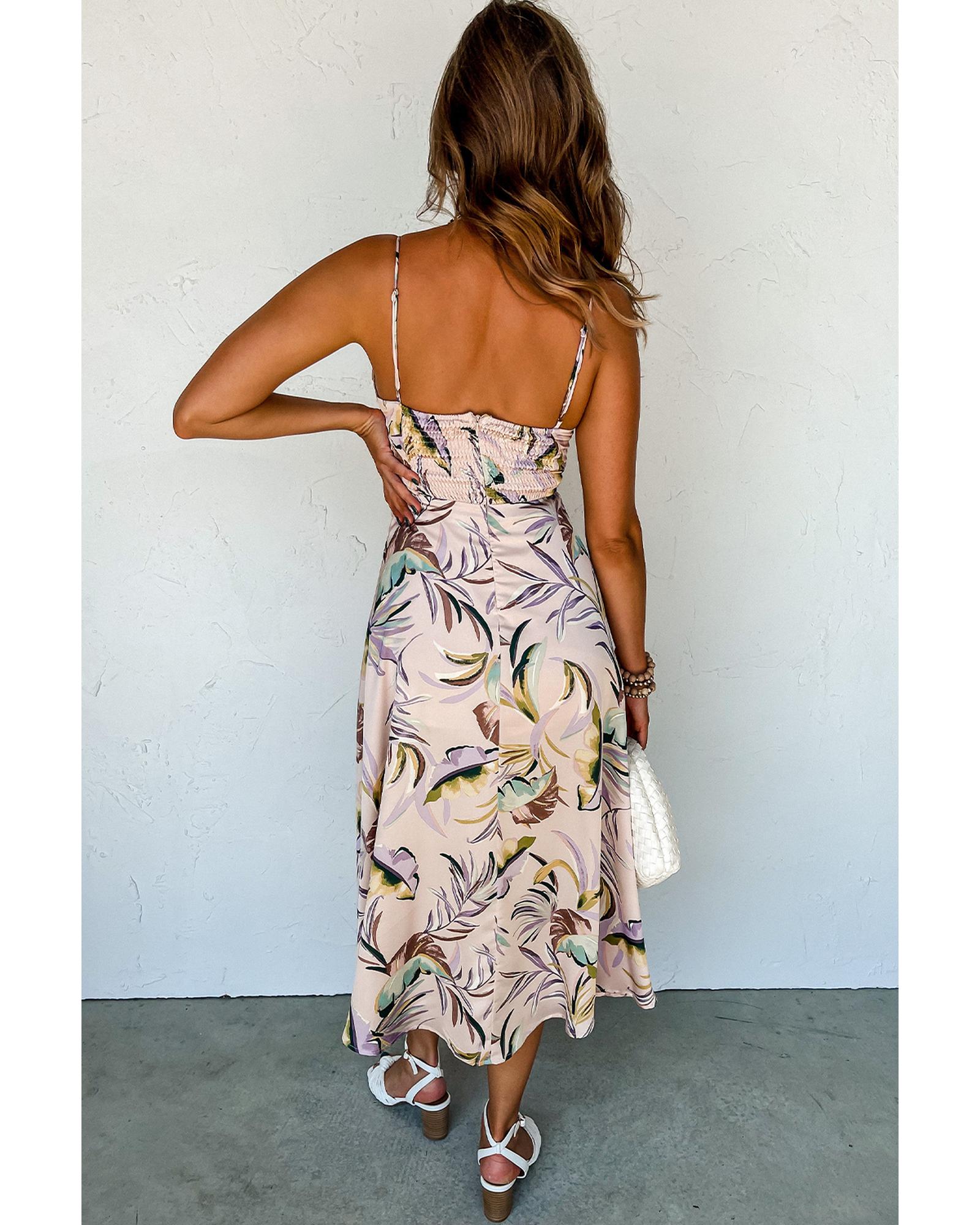 Apricot Tropical Print Spaghetti Straps Cupped Dress - XL