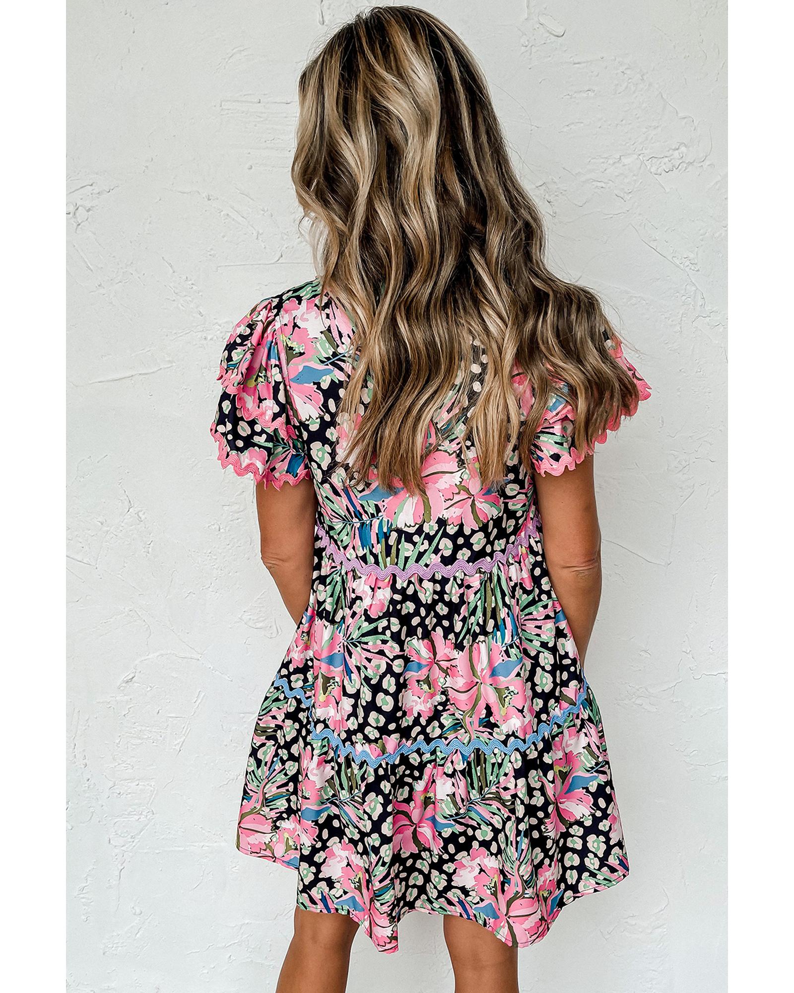 Pink Leopard Floral Print Wavy Embellished Mini Dress - S