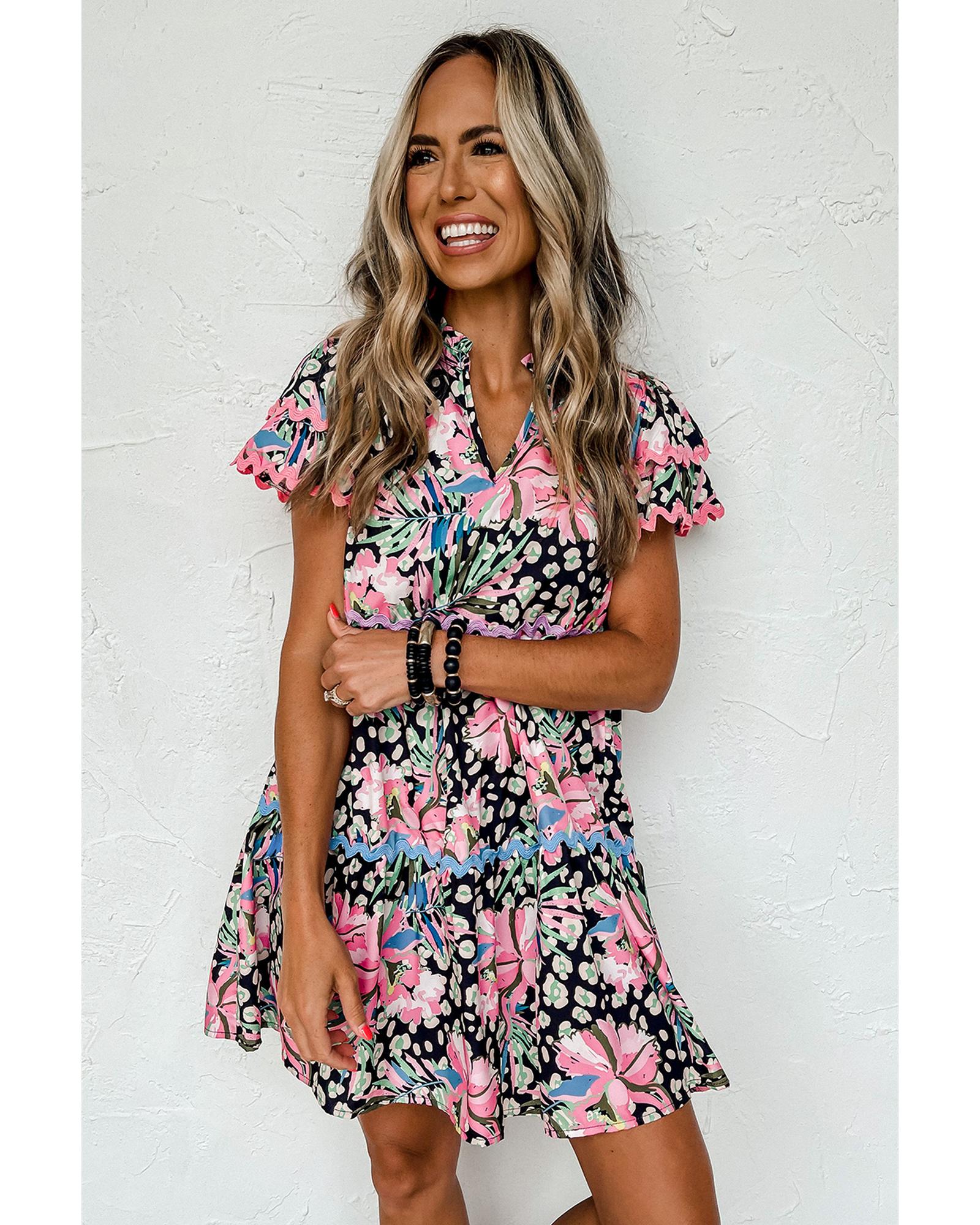 Pink Leopard Floral Print Wavy Embellished Mini Dress - S