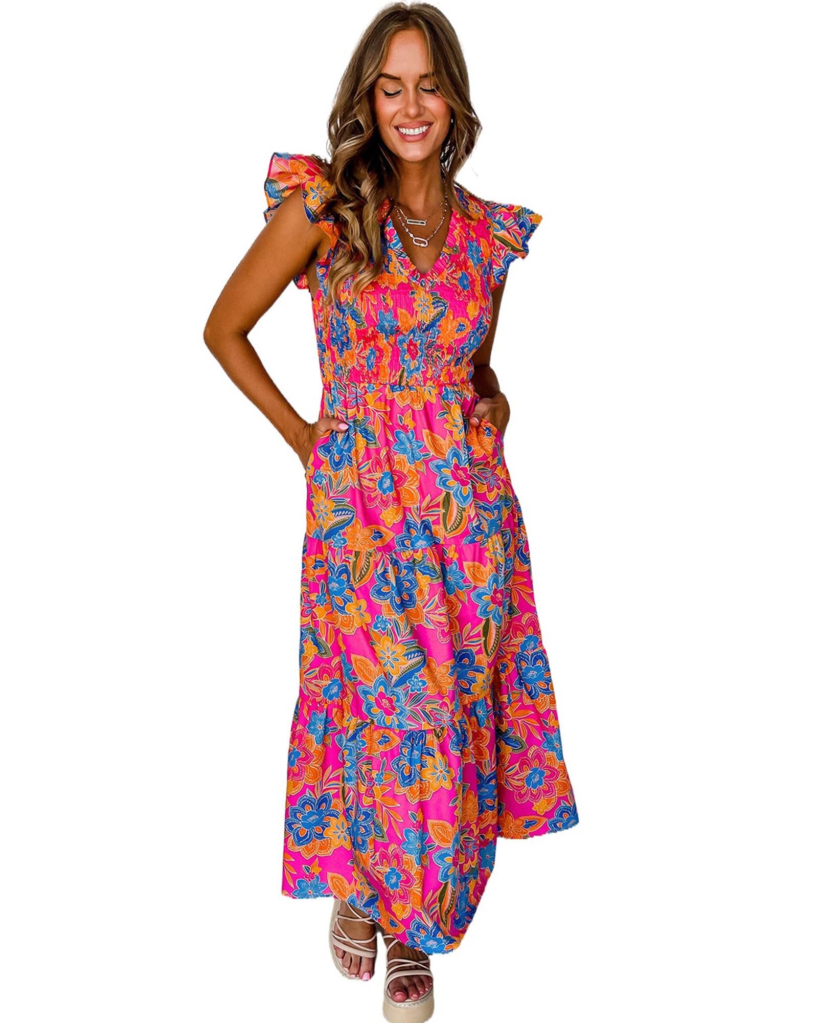 Rose Red Boho Floral V Neck Ruffle Tiered Long Dress - M