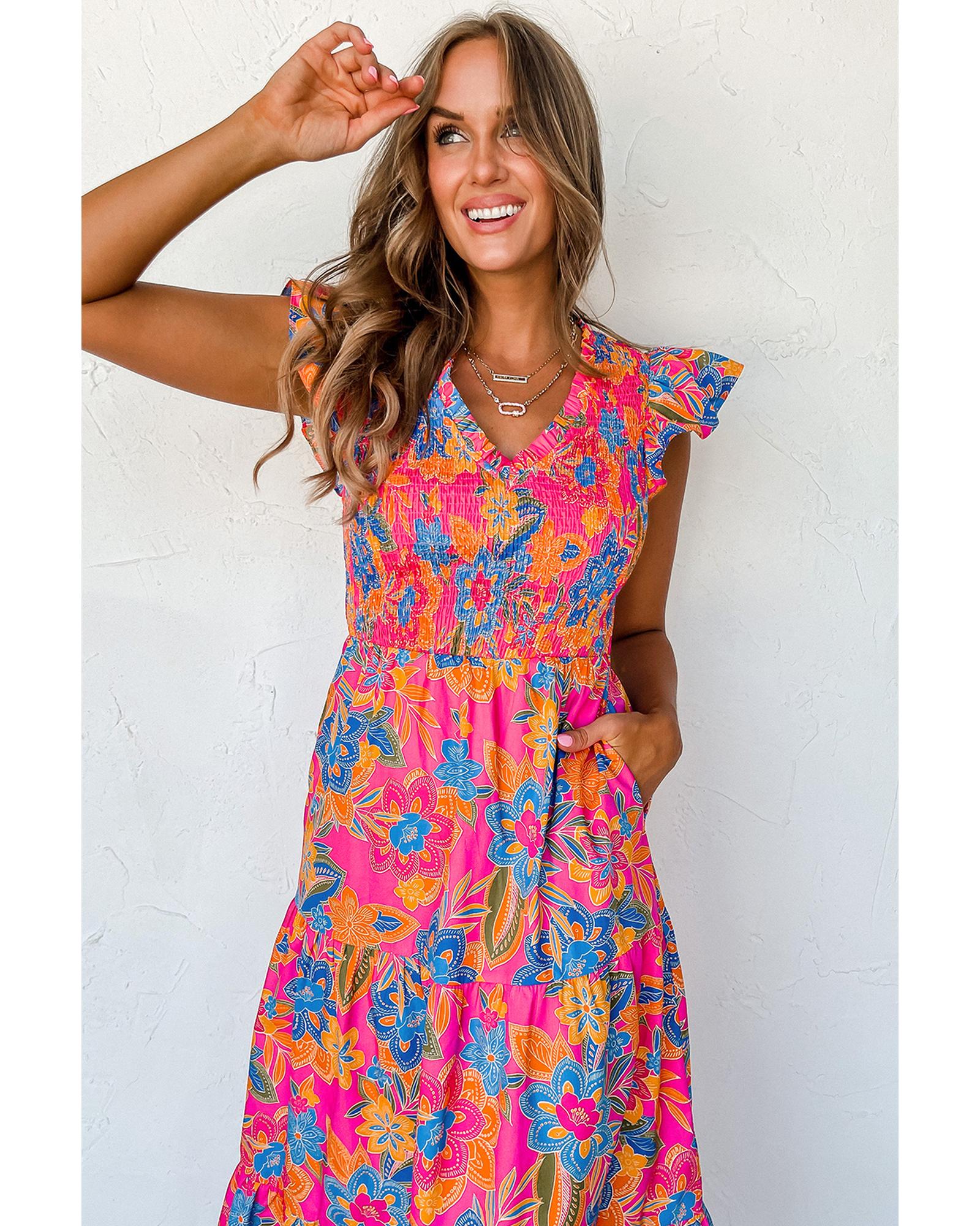 Rose Red Boho Floral V Neck Ruffle Tiered Long Dress - M