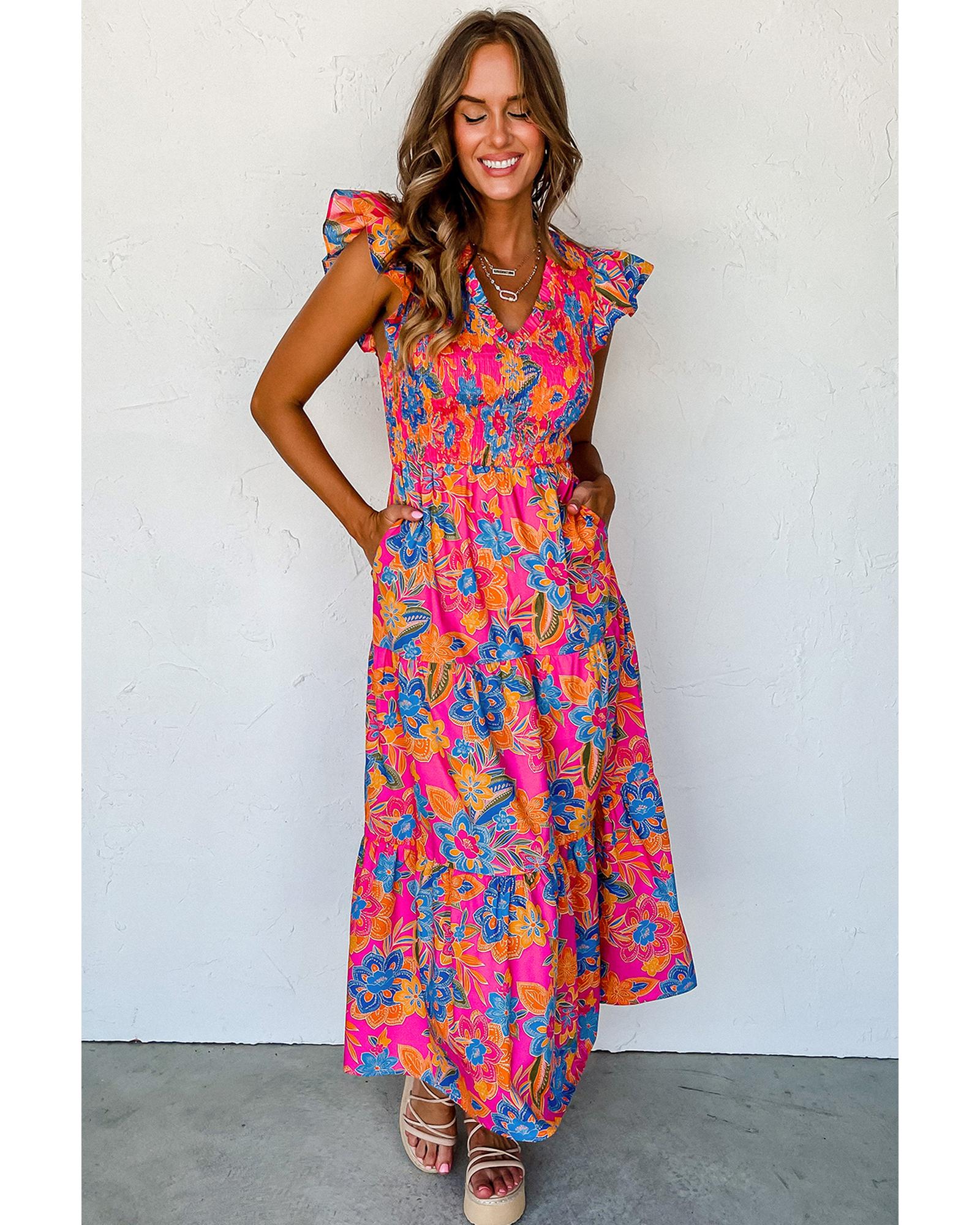 Rose Red Boho Floral V Neck Ruffle Tiered Long Dress - M