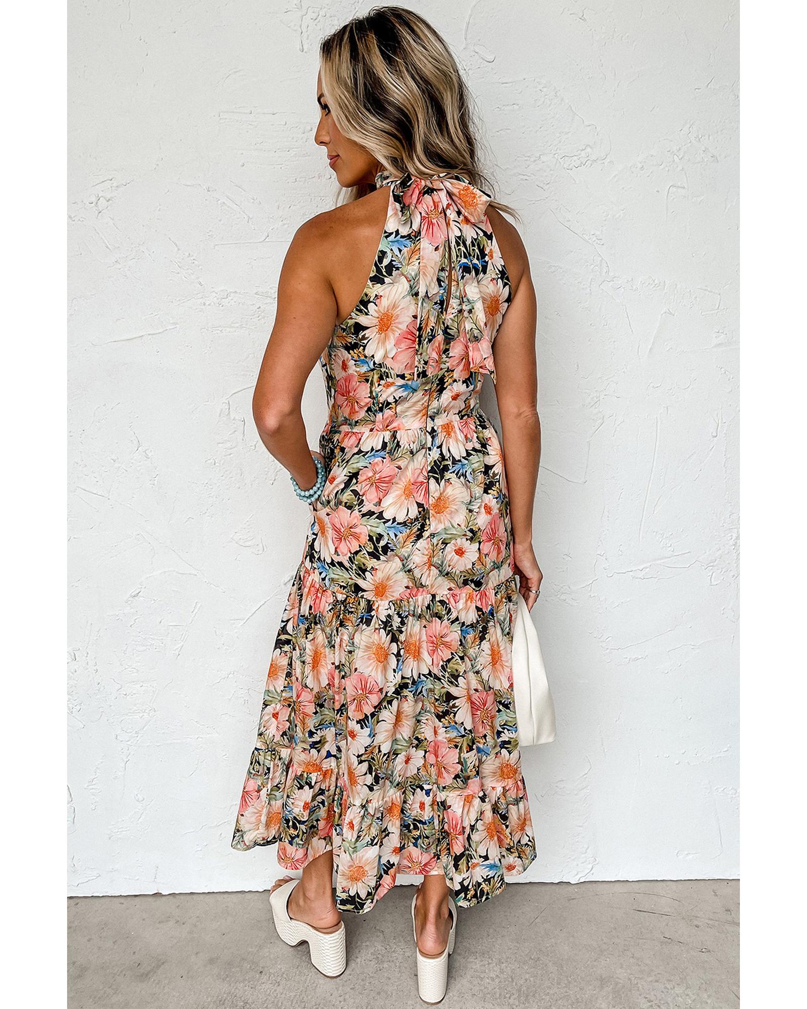 Black Boho Floral Print Knotted Halter Ruffled Maxi Dress - XL