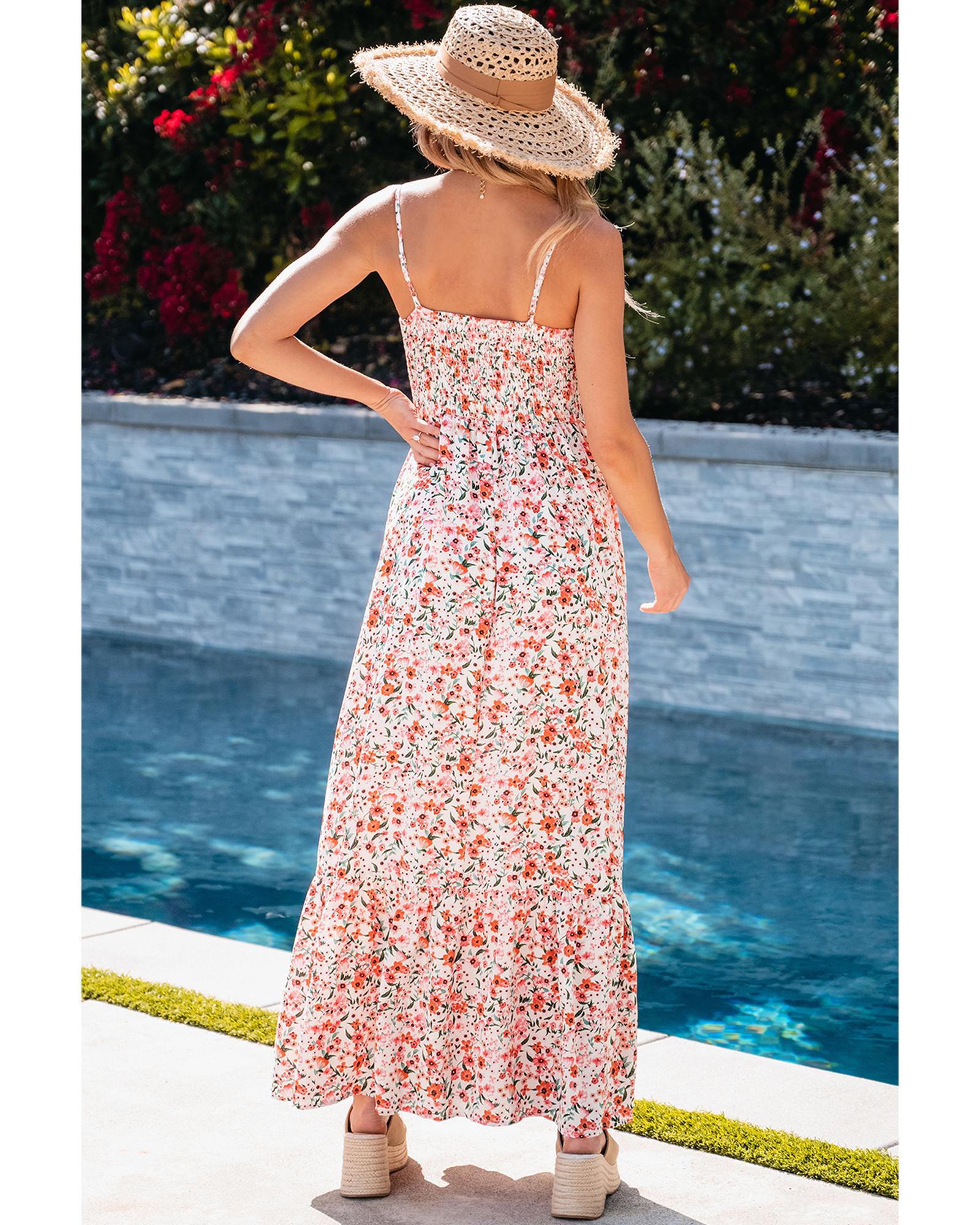 White Boho Floral Smocked Ruffled Maxi Dress - XL