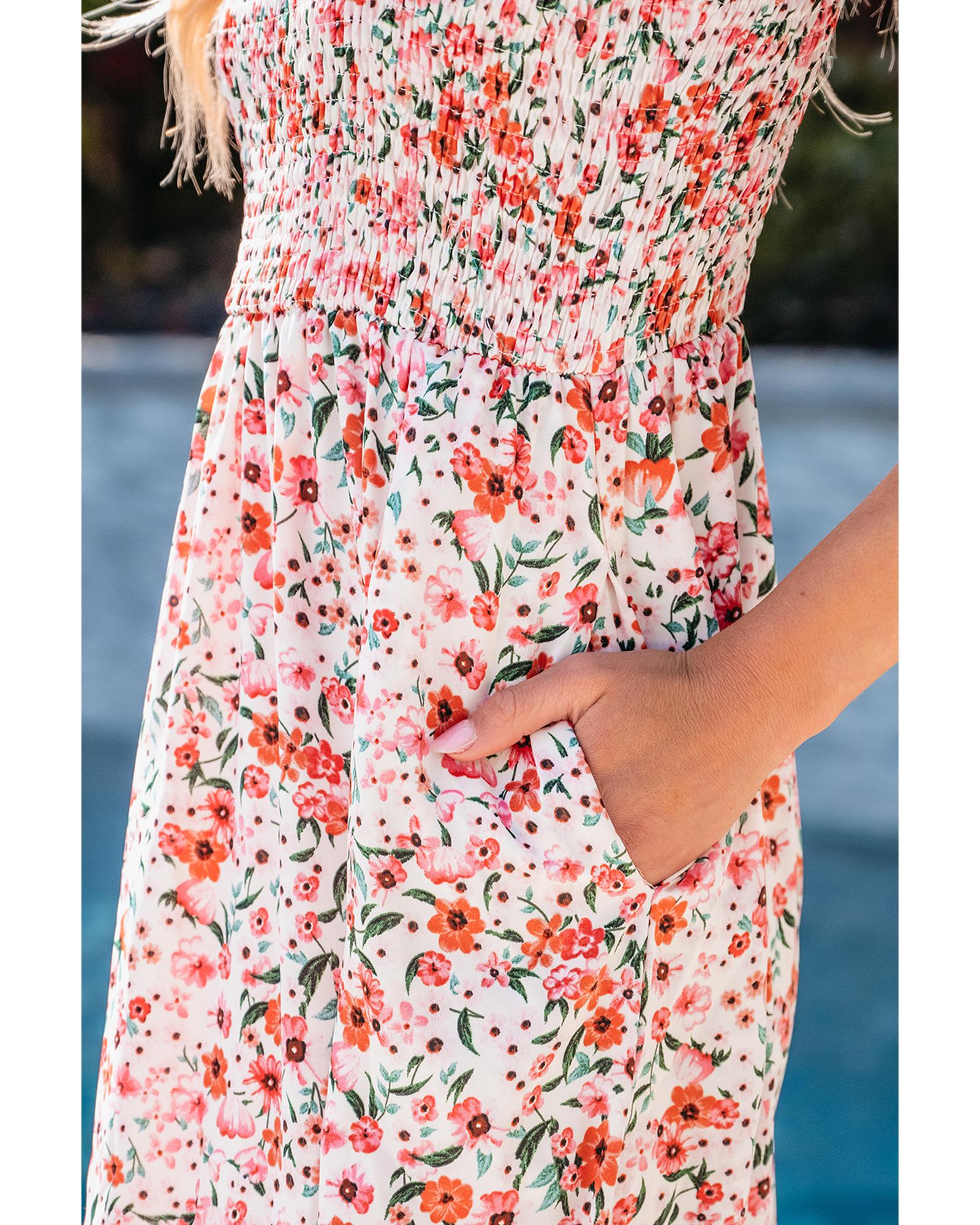 White Boho Floral Smocked Ruffled Maxi Dress - XL