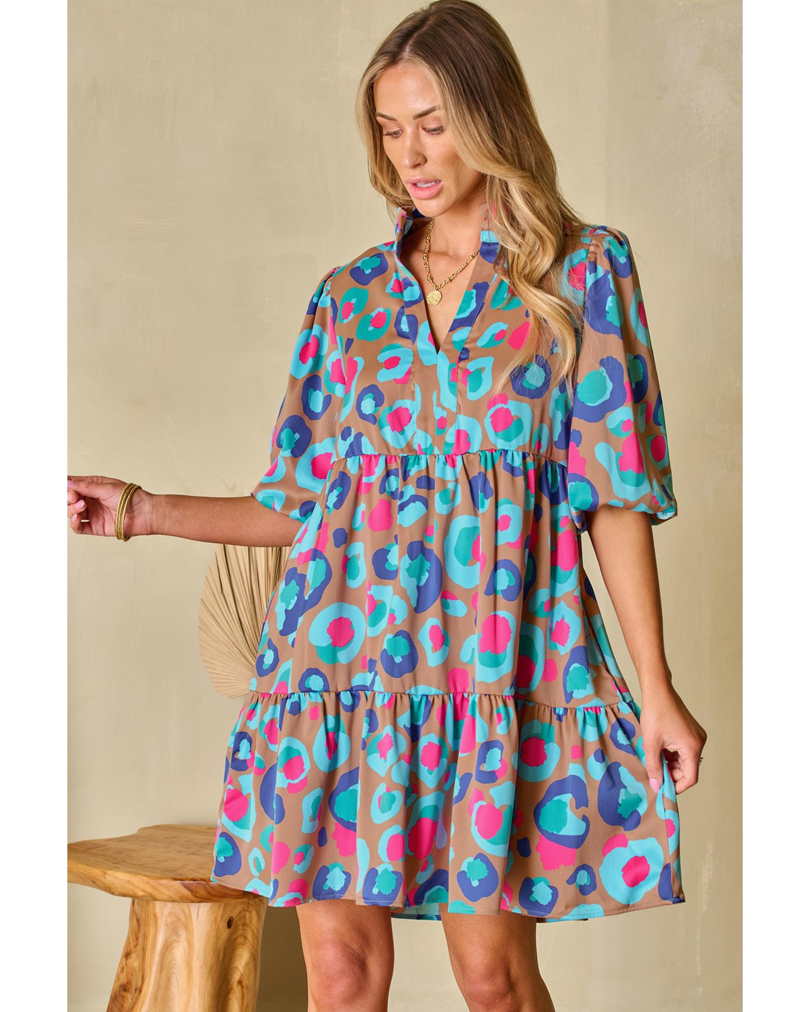 Green Leopard Print Bubble Sleeve Slit Neck Ruffled Dress - S