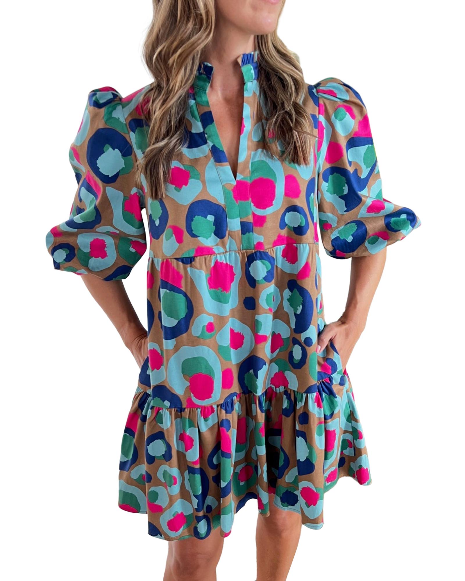 Green Leopard Print Bubble Sleeve Slit Neck Ruffled Dress - S