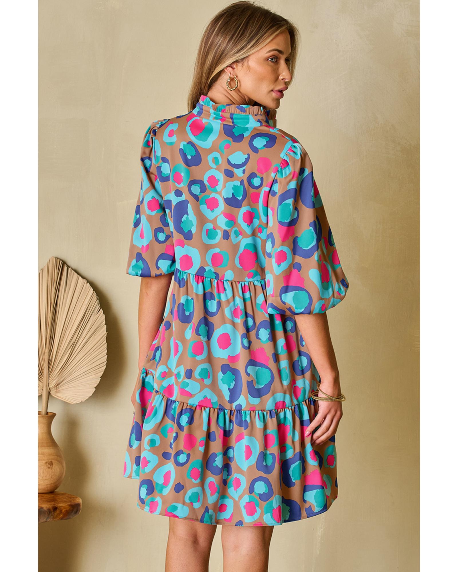 Green Leopard Print Bubble Sleeve Slit Neck Ruffled Dress - S