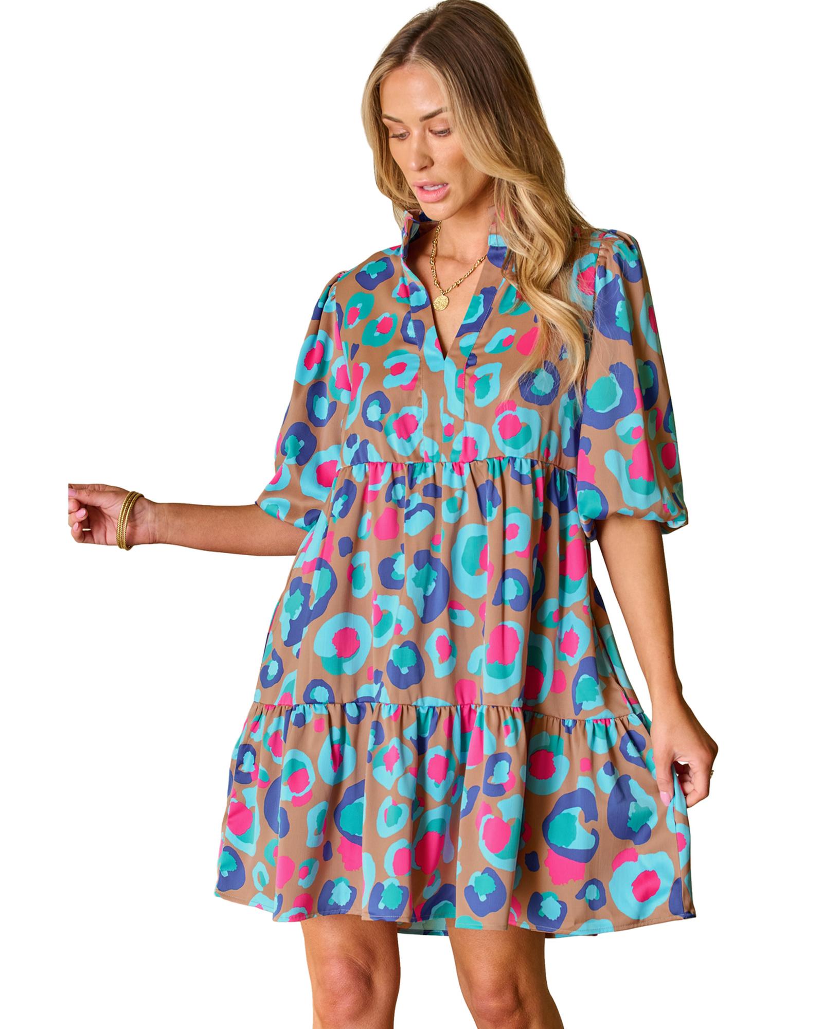 Green Leopard Print Bubble Sleeve Slit Neck Ruffled Dress - XL