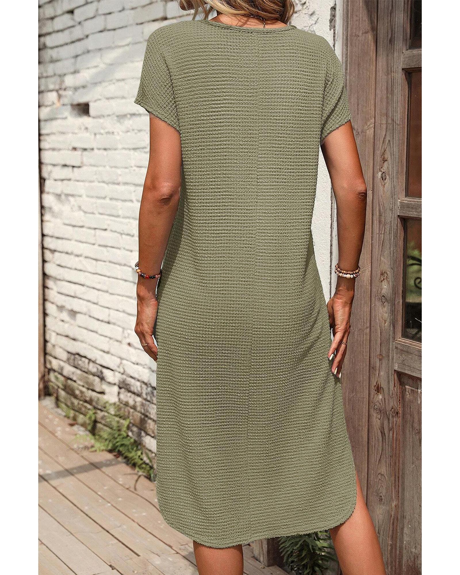 Jungle Green Waffle Texture Curved Hem Side Slit T-shirt Dress - S