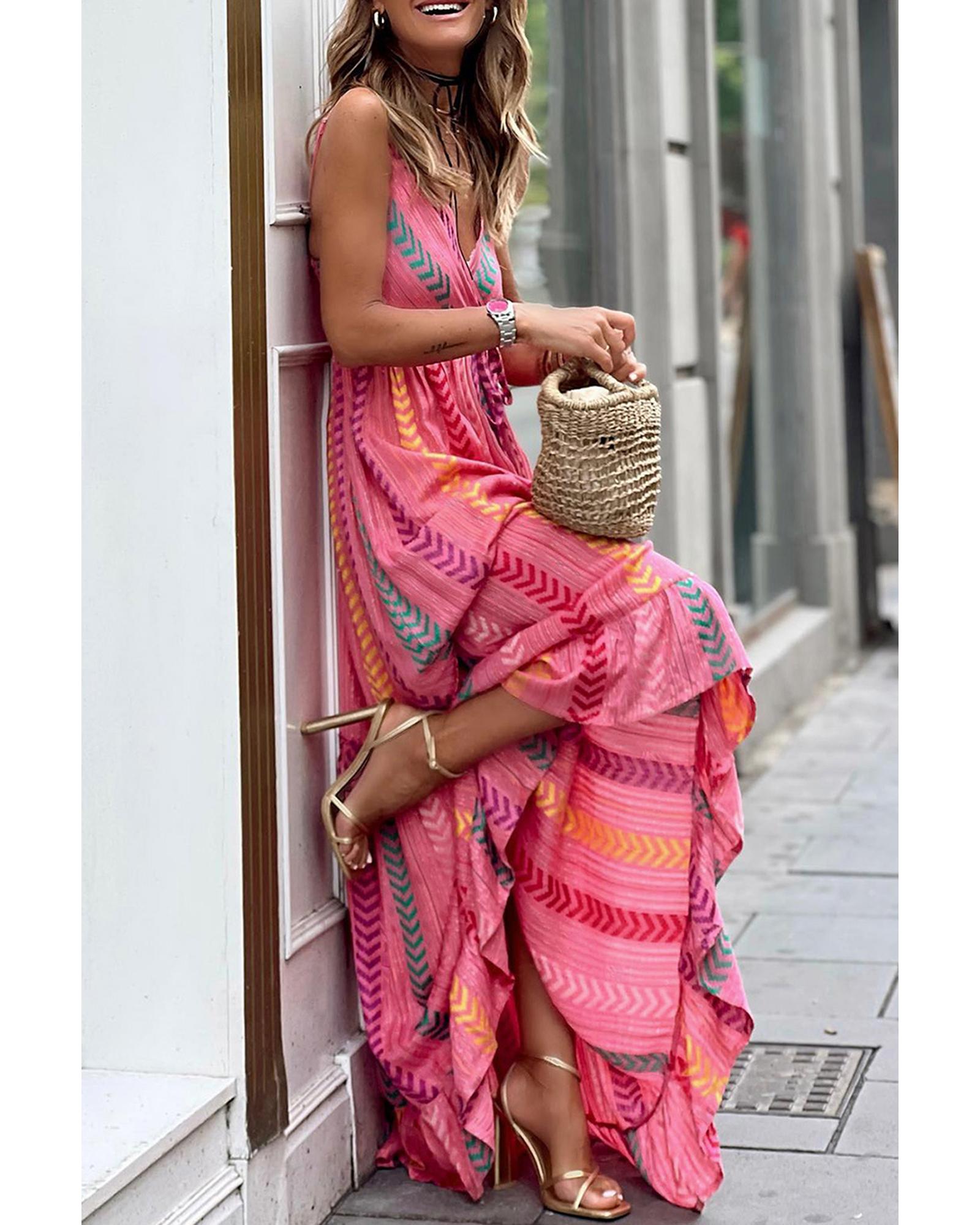 Pink Western Printed Tassel Tie V Neck Wrap Maxi Dress - L