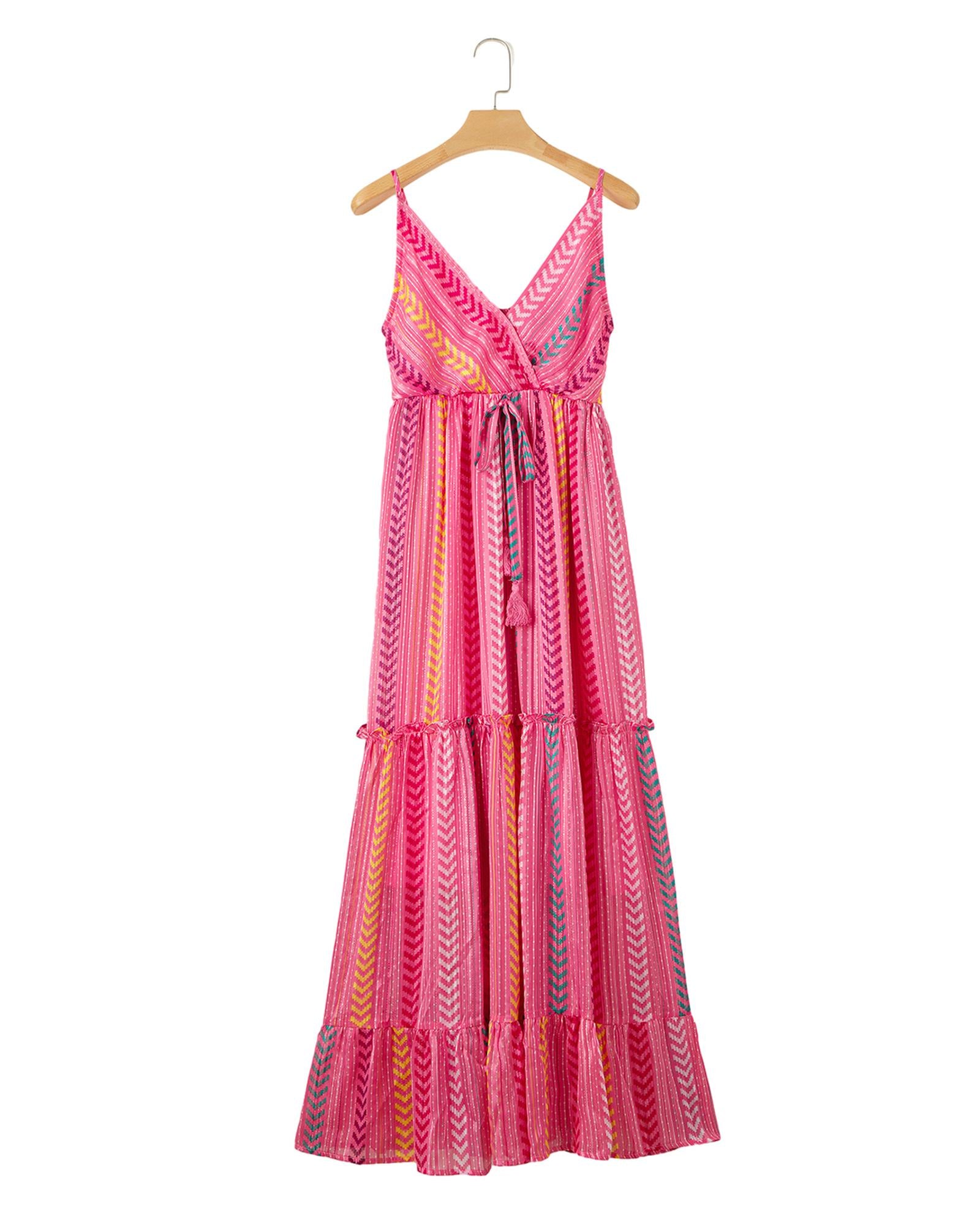 Pink Western Printed Tassel Tie V Neck Wrap Maxi Dress - L