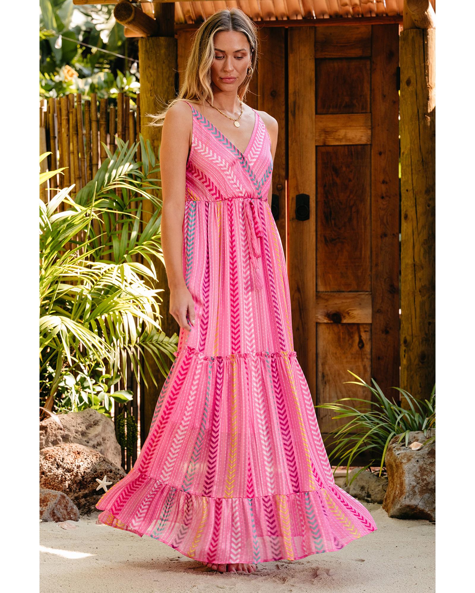 Pink Western Printed Tassel Tie V Neck Wrap Maxi Dress - L