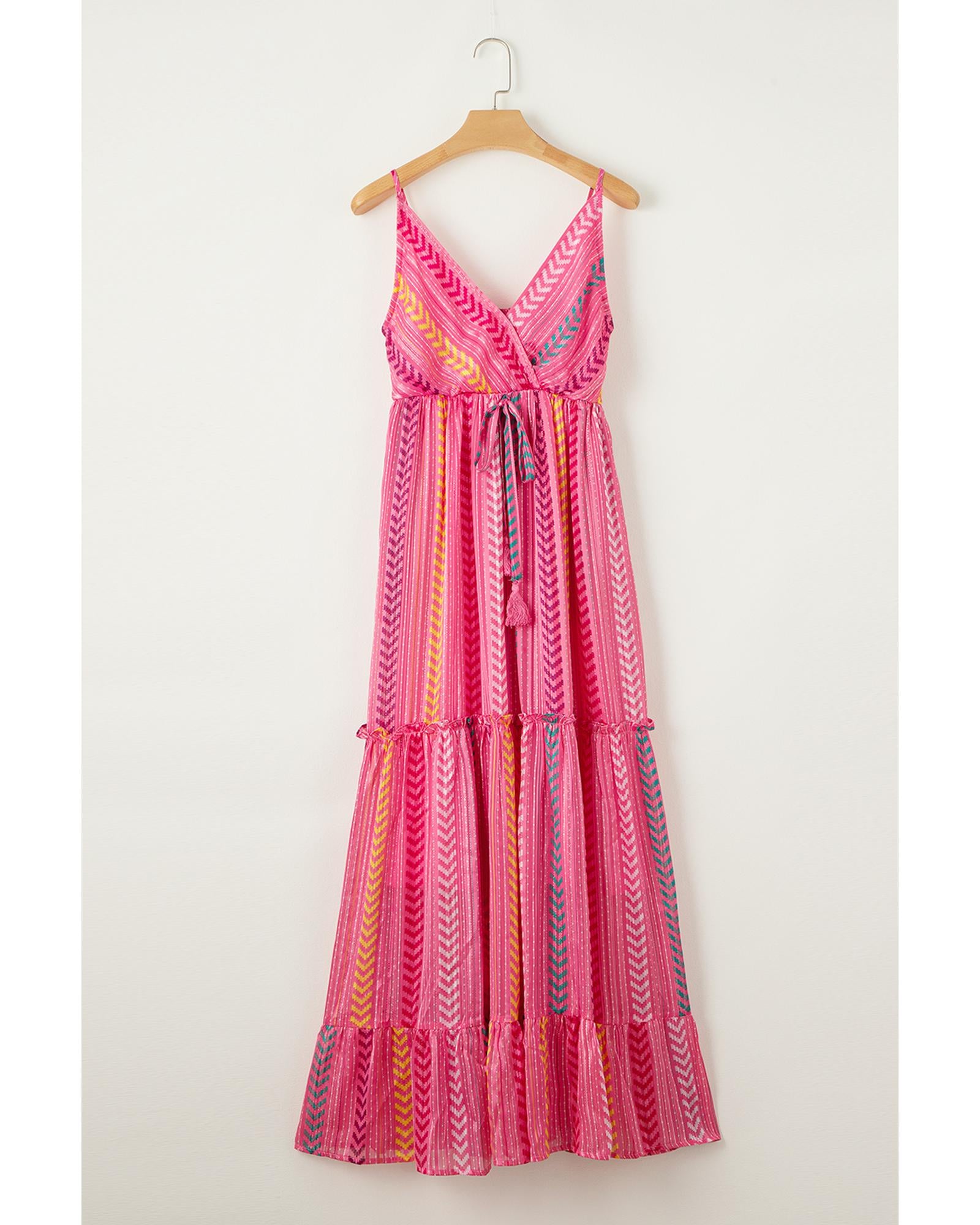 Pink Western Printed Tassel Tie V Neck Wrap Maxi Dress - L