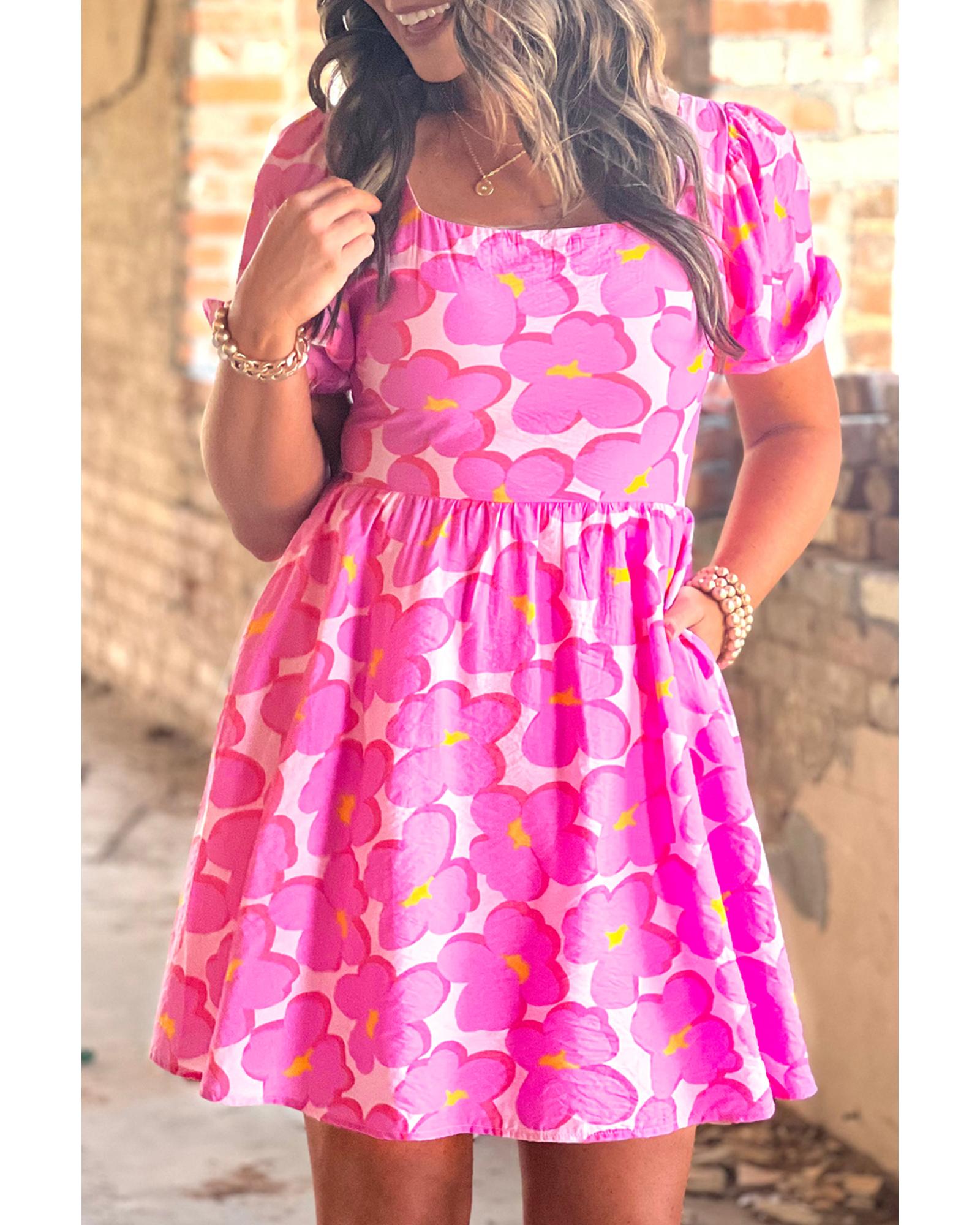 Rose Floral Print Square Neck Empire Waist Flowy Dress - L