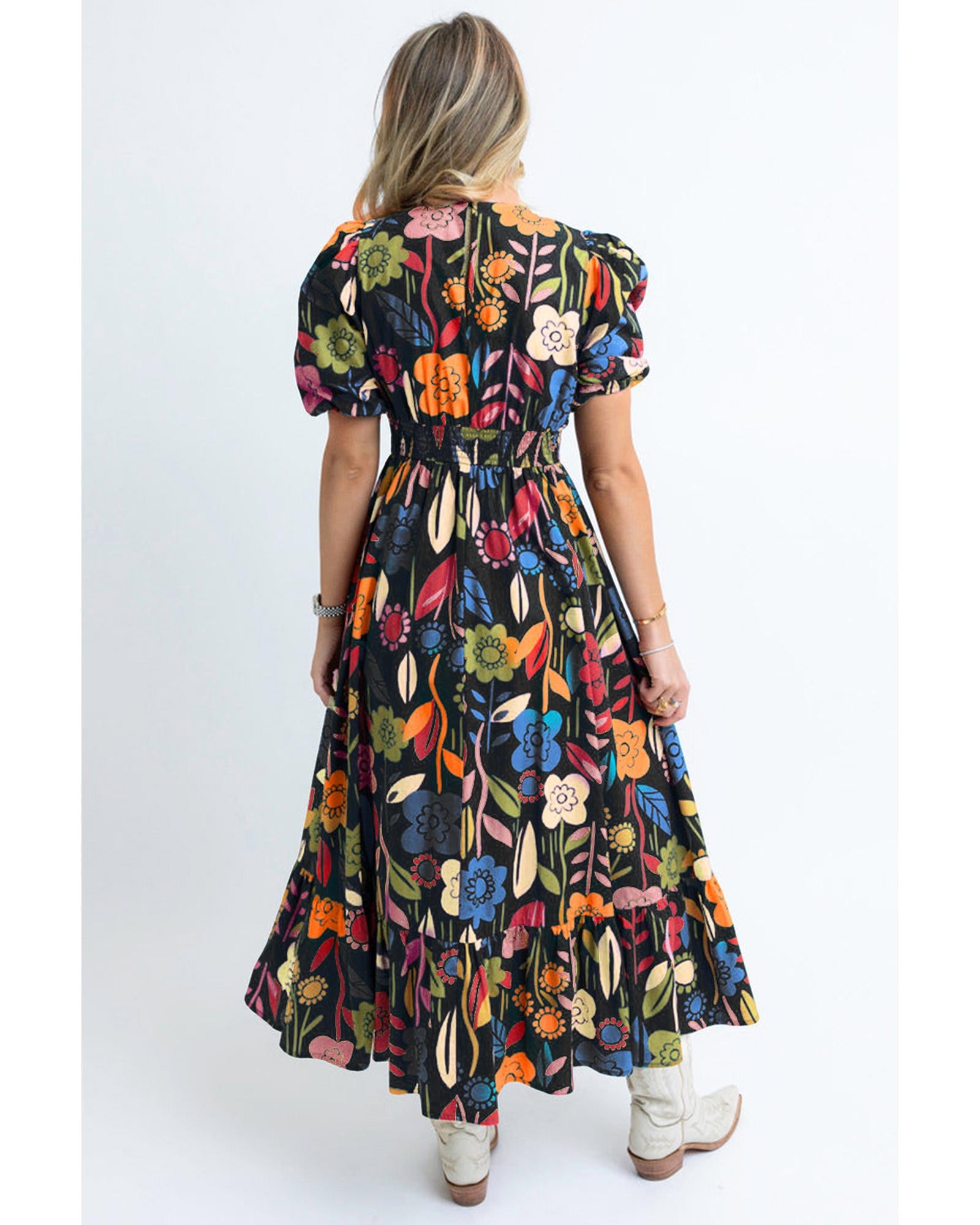 Black Retro Floral Printed Split Neck Maxi Dress - M