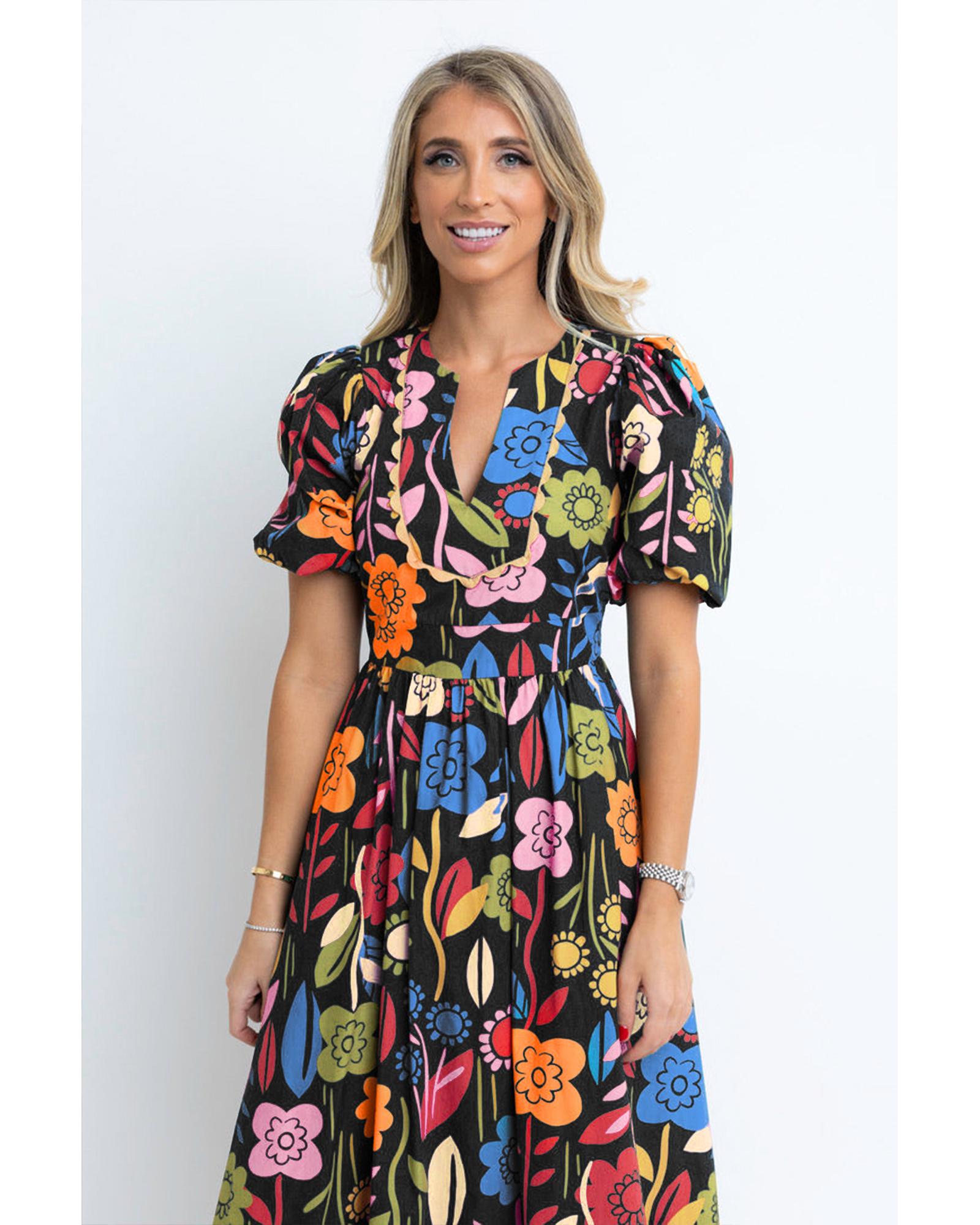Black Retro Floral Printed Split Neck Maxi Dress - M
