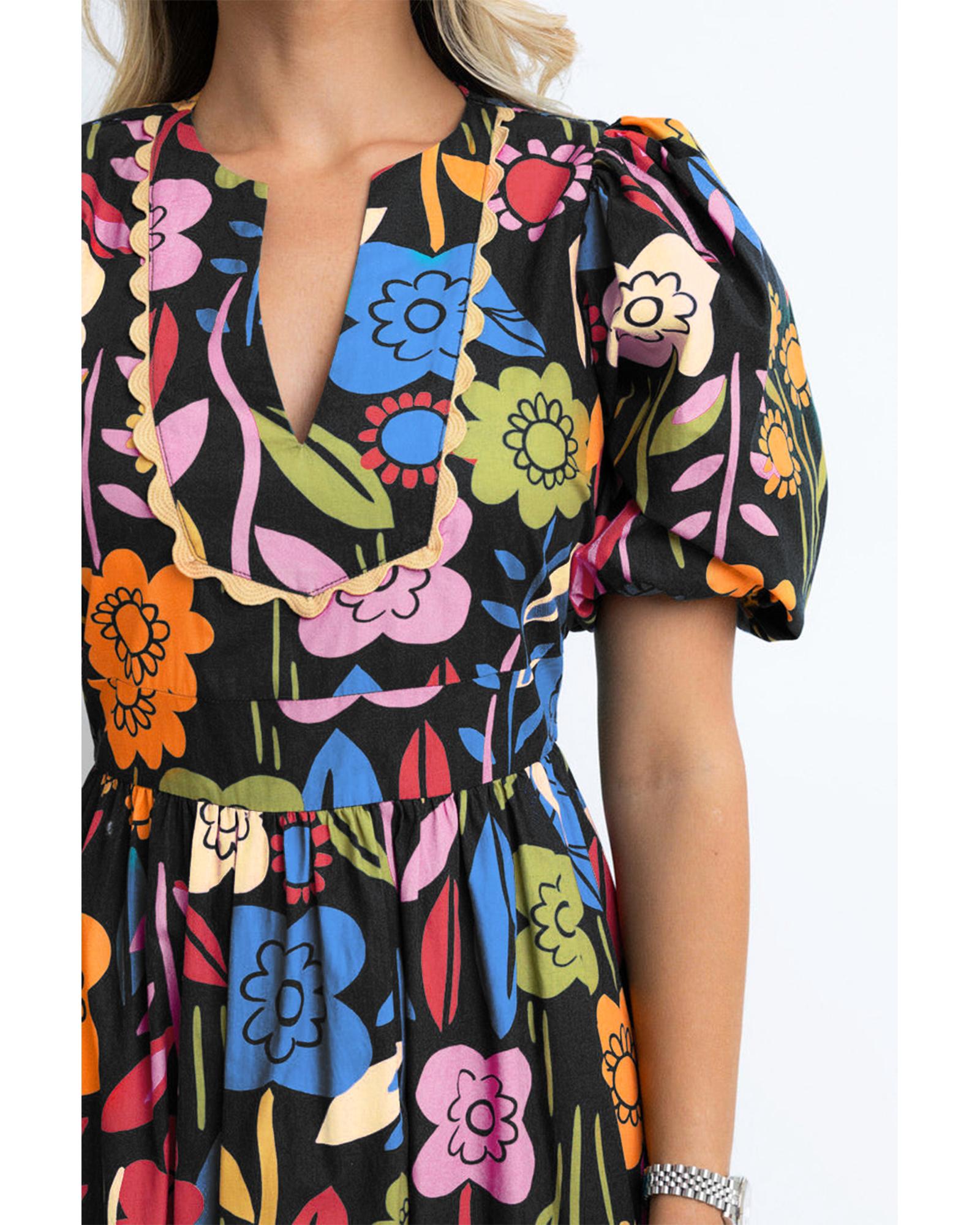Black Retro Floral Printed Split Neck Maxi Dress - M