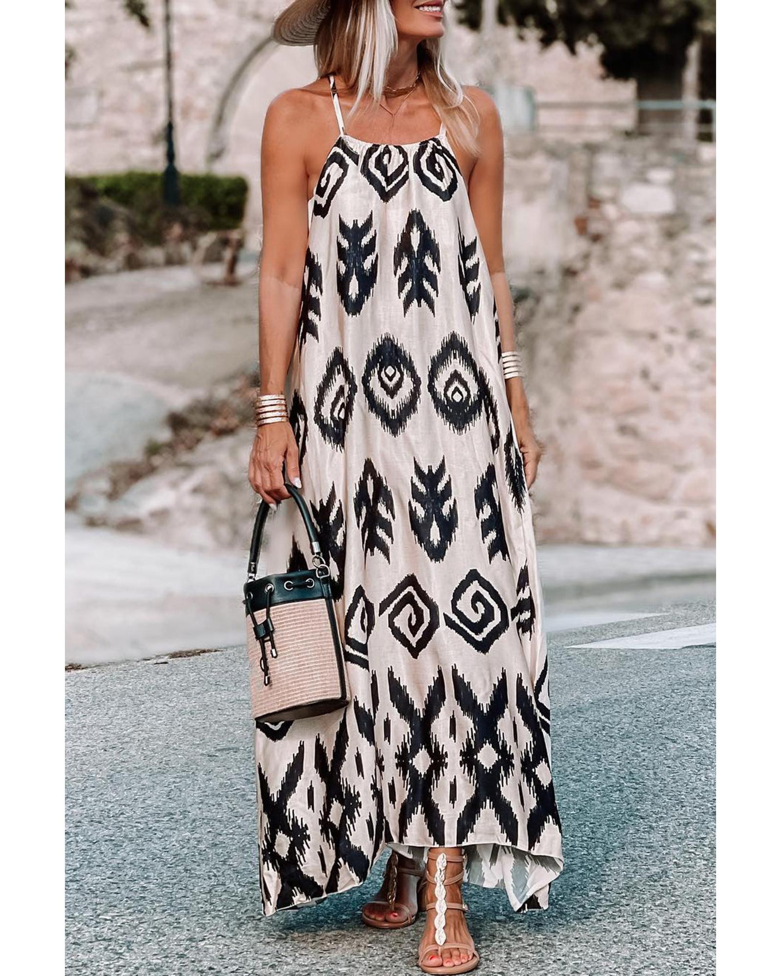 Black Western  Aztec Printed Fashion Vacation Sundress - M