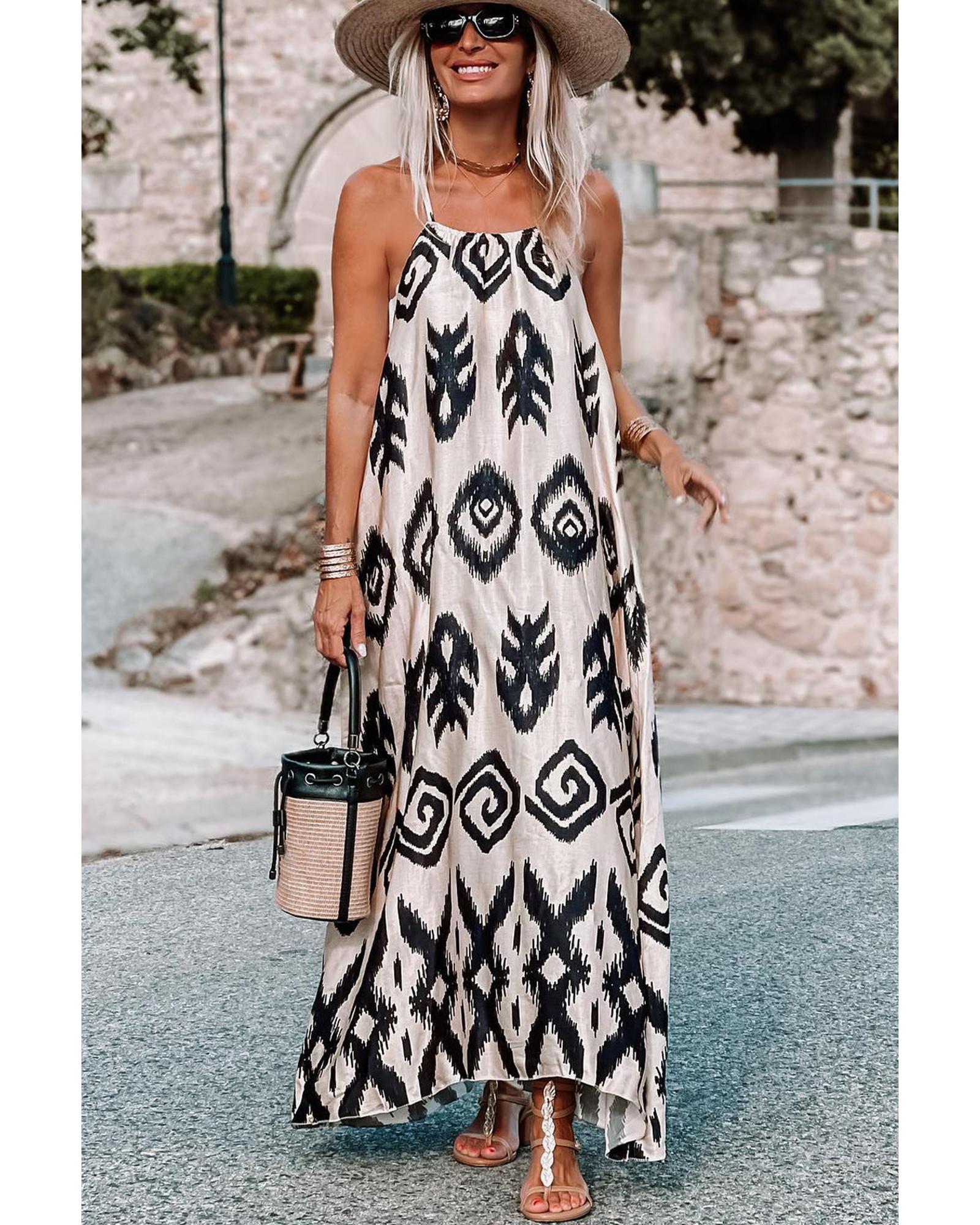 Black Western  Aztec Printed Fashion Vacation Sundress - M