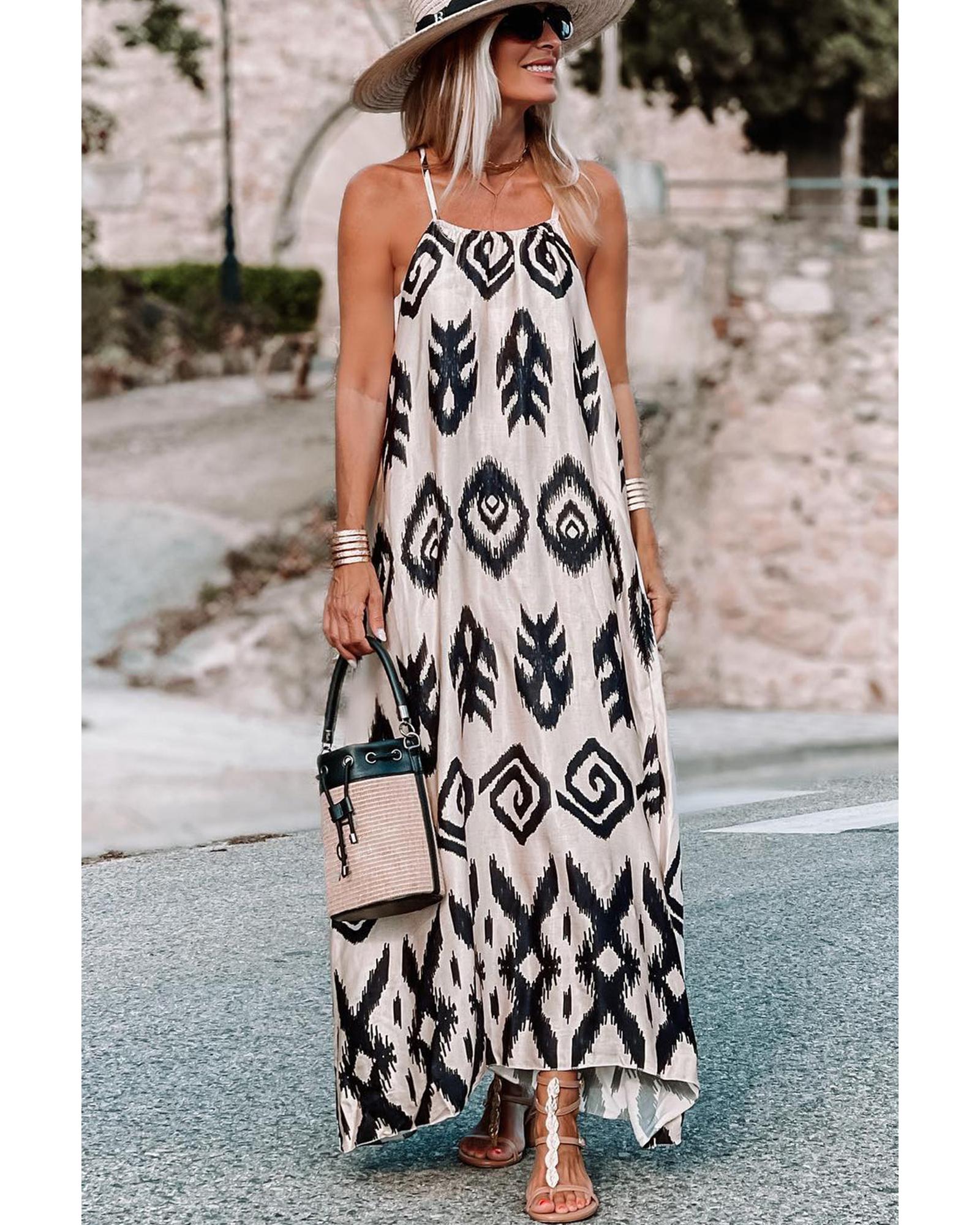 Black Western  Aztec Printed Fashion Vacation Sundress - M