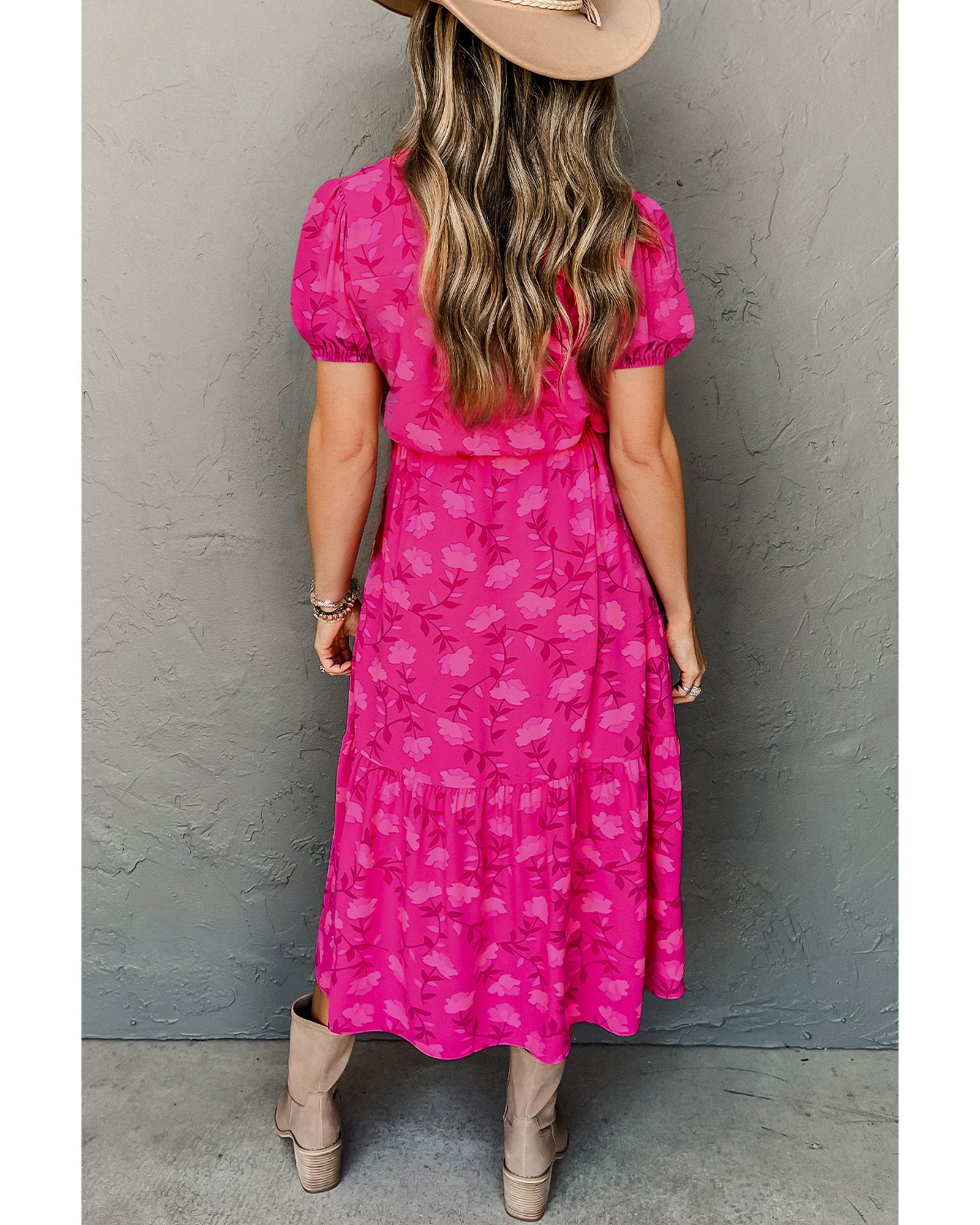 Rose Red Floral Print Pleated Drawstring Flowy Midi Dress - L