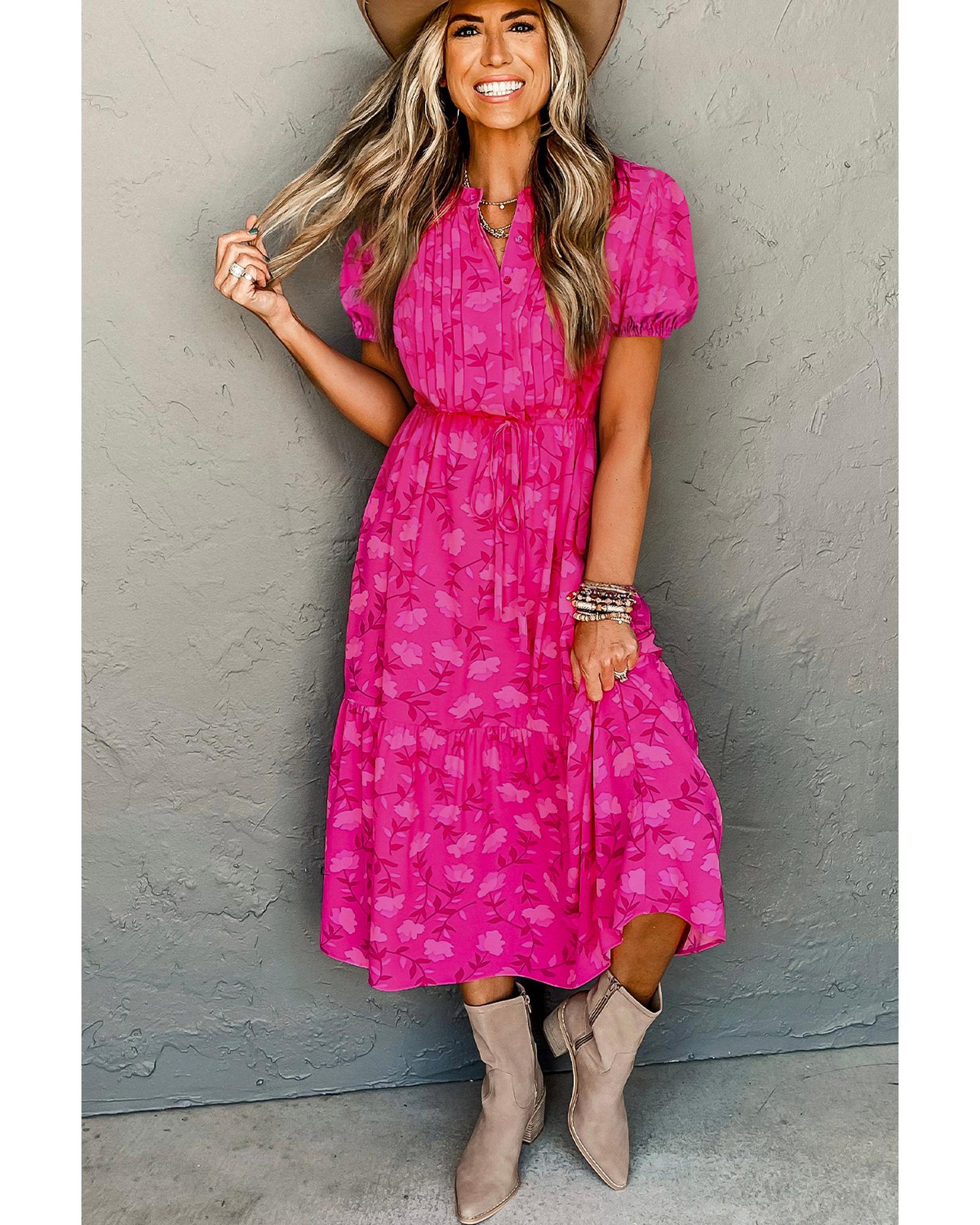 Rose Red Floral Print Pleated Drawstring Flowy Midi Dress - L
