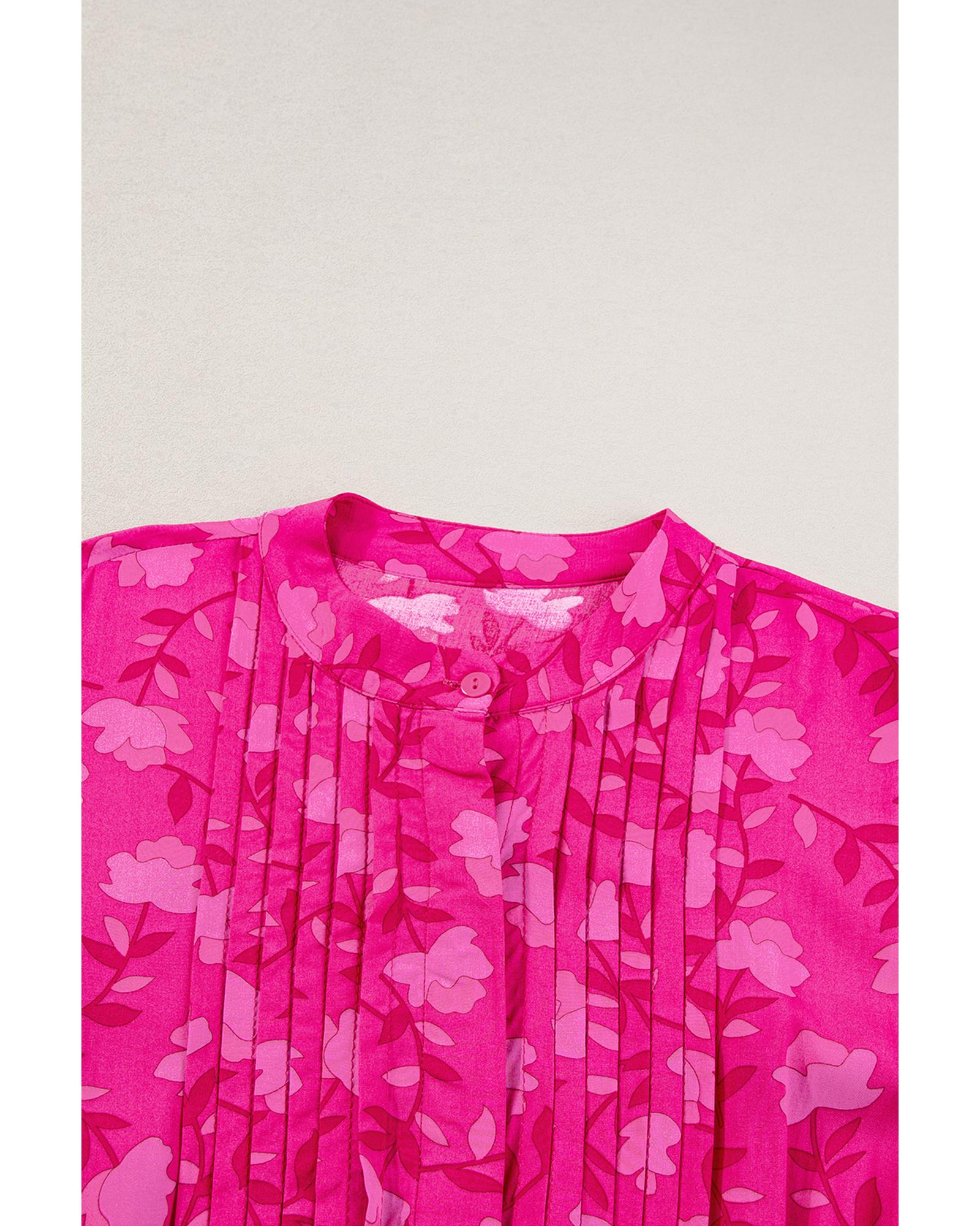 Rose Red Floral Print Pleated Drawstring Flowy Midi Dress - L