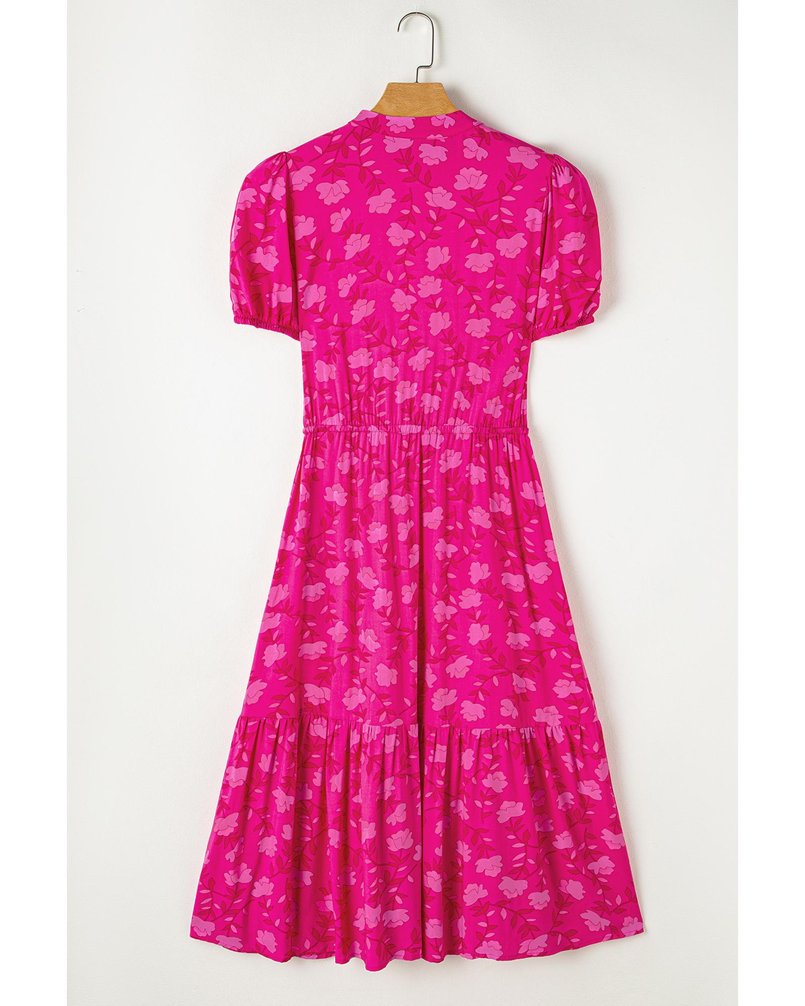 Rose Red Floral Print Pleated Drawstring Flowy Midi Dress - L