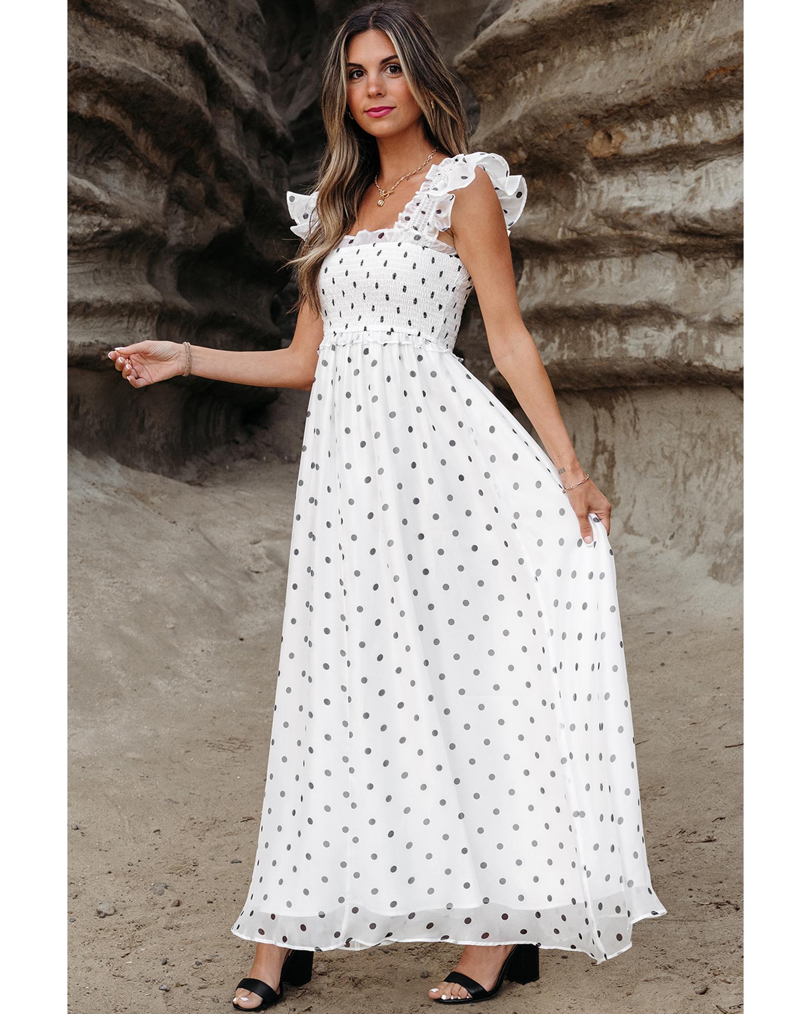 White Polka Dot Flutter Sleeve Square Neck Smocked Maxi Dress - XL