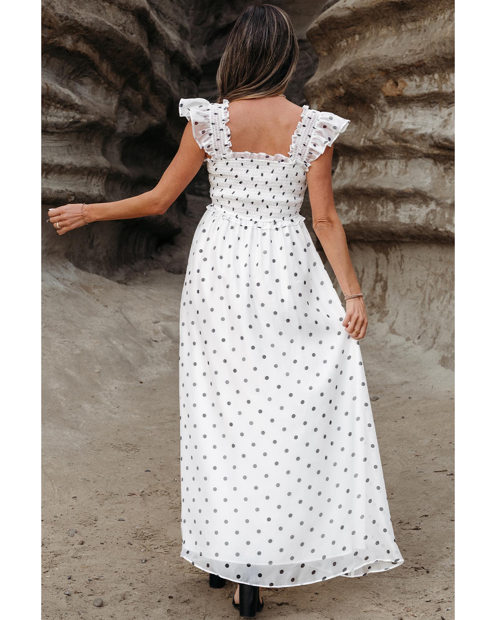 White Polka Dot Flutter Sleeve Square Neck Smocked Maxi Dress - XL